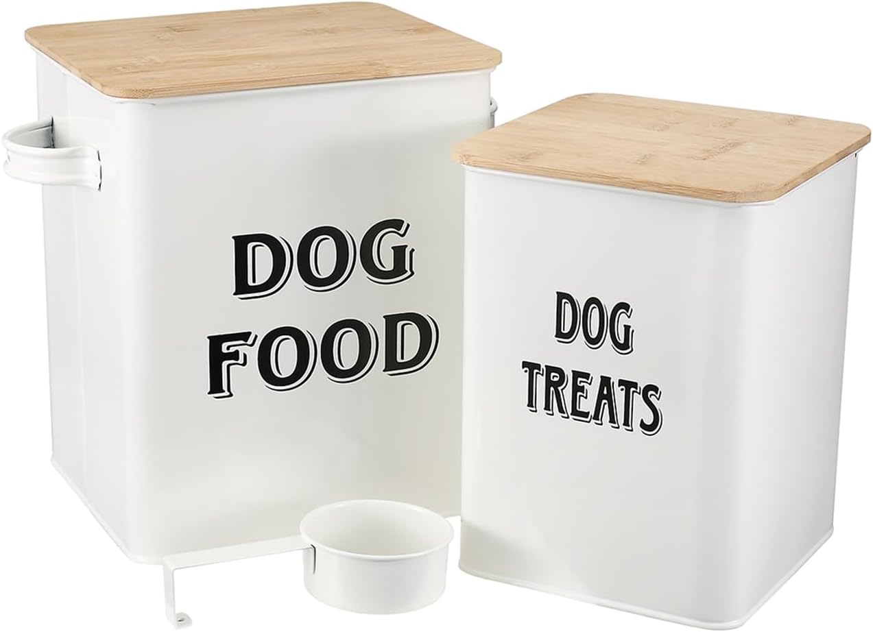 Pet Food and Treats Containers Set with Scoop – Beige Powder-Coated Carbon Steel Tins, Tight-Fitting Wood Lids