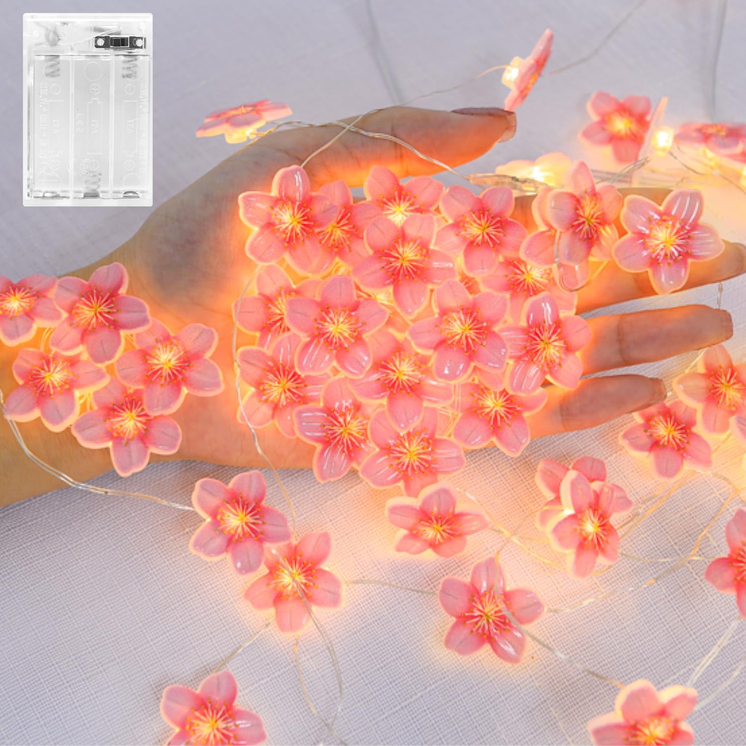 Detalle de Dalugo Flower Fairy String Lights, 2M 20 LEDs Pink Cherry Blossom with Timer