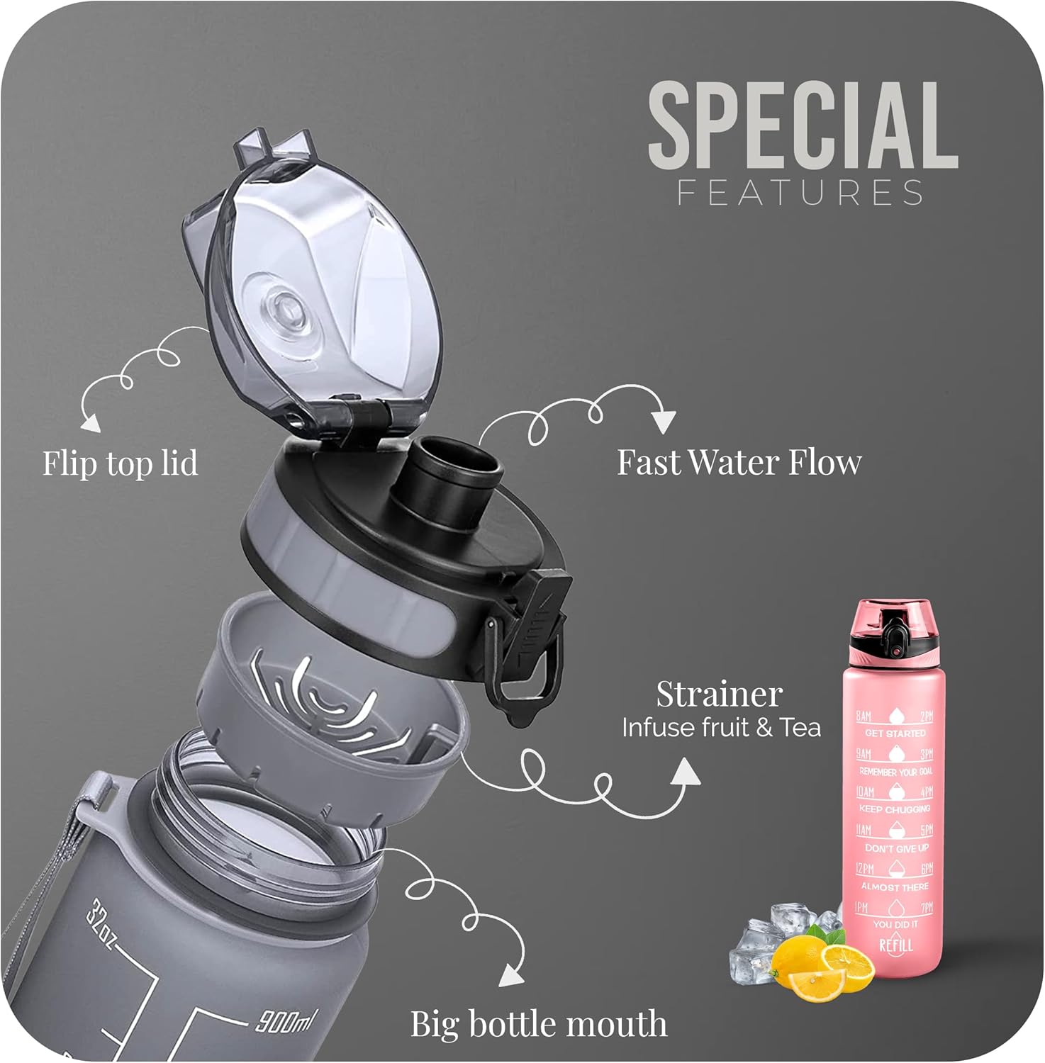 Thumbnail 1 de Roe Tenpo 1L Water Bottle – BPA-Free, Leak-Proof with Time Markings (Pink) for Running, Gym and Outdoors