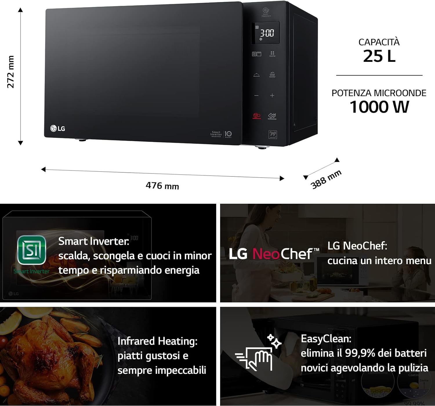 Detalle de LG MH6535GIB: forno a microonde Smart Inverter con Grill al Quarzo da 25 L – nero fumè