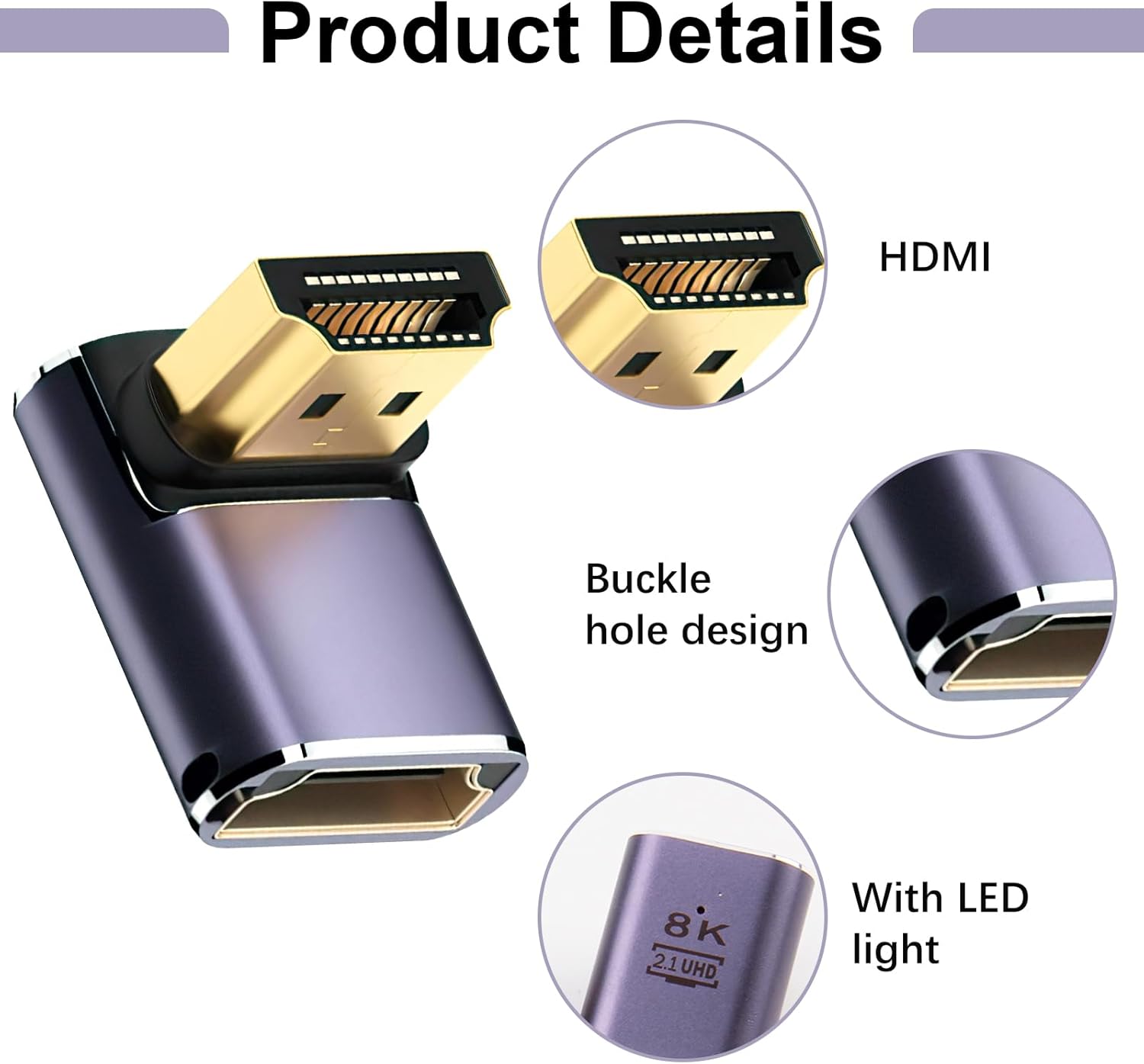 Thumbnail 2 de JUGCUT 2Pcs 8K HDMI 90 Degree Adapter – Right-Angle HDMI 2.1 (48Gbps) with LED Indicator