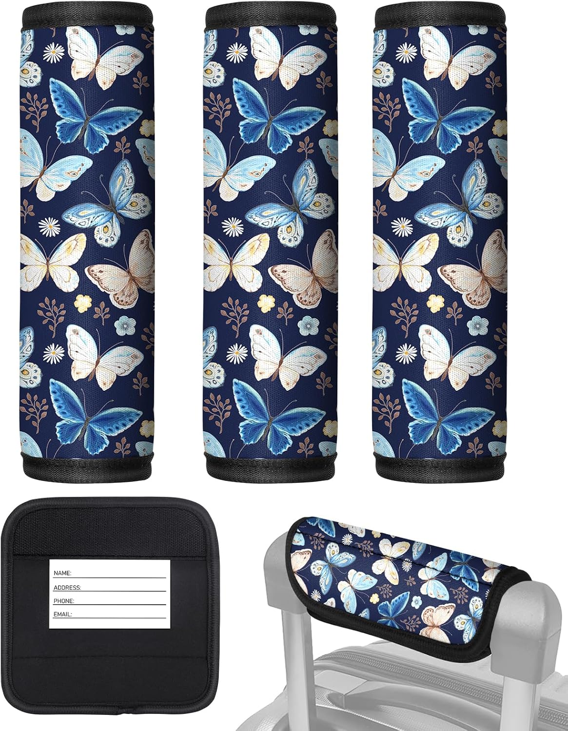 OffiEase Neoprene Luggage Handle Wrap Cover 3 Pcs – Velcro Suitcase Identifier Accessories (Butterfly)