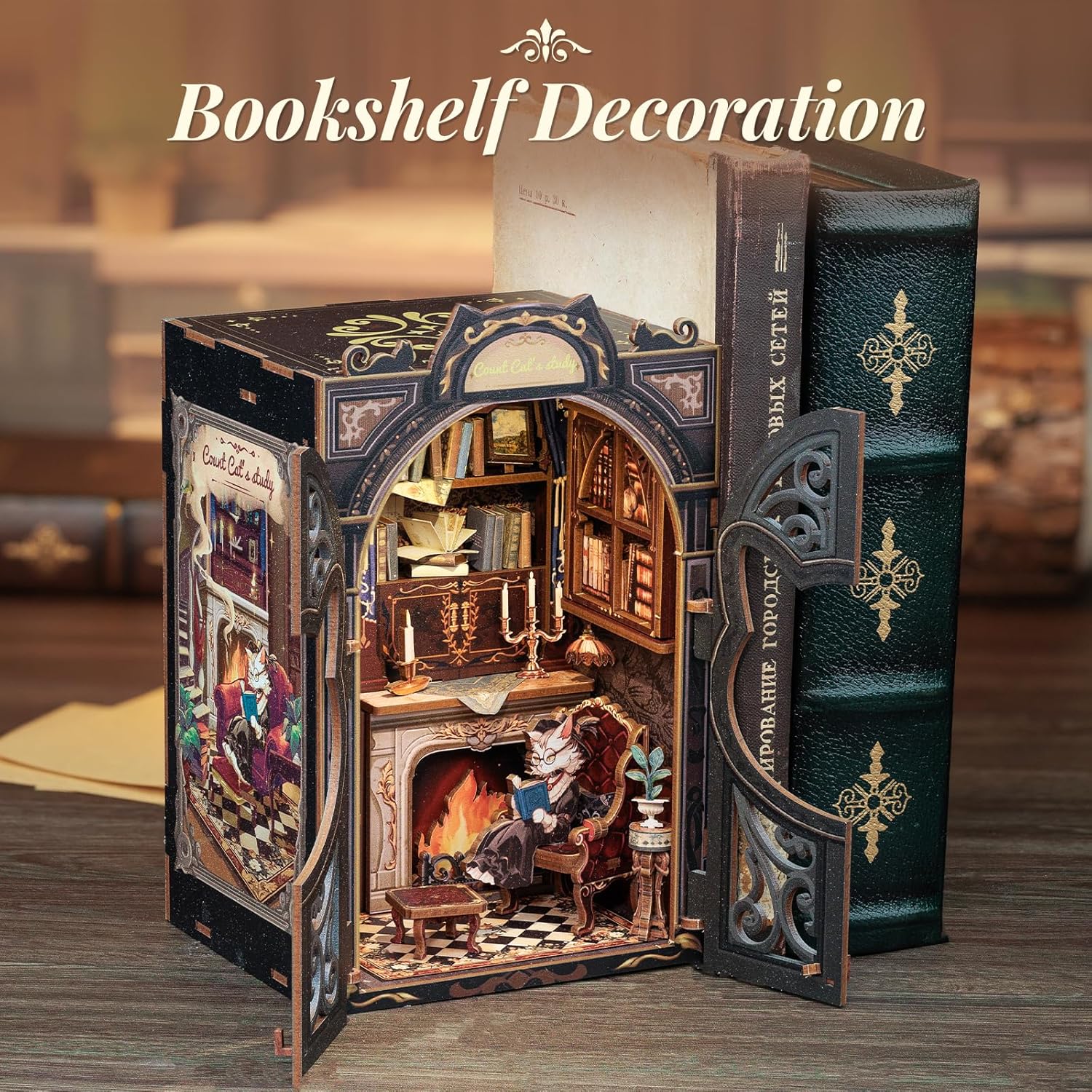 Thumbnail 6 de CUTEBEE Count Cat’s Study Book Nook Kit mit LED – DIY Puppenhaus Bausatz als Bücherregal-Deko