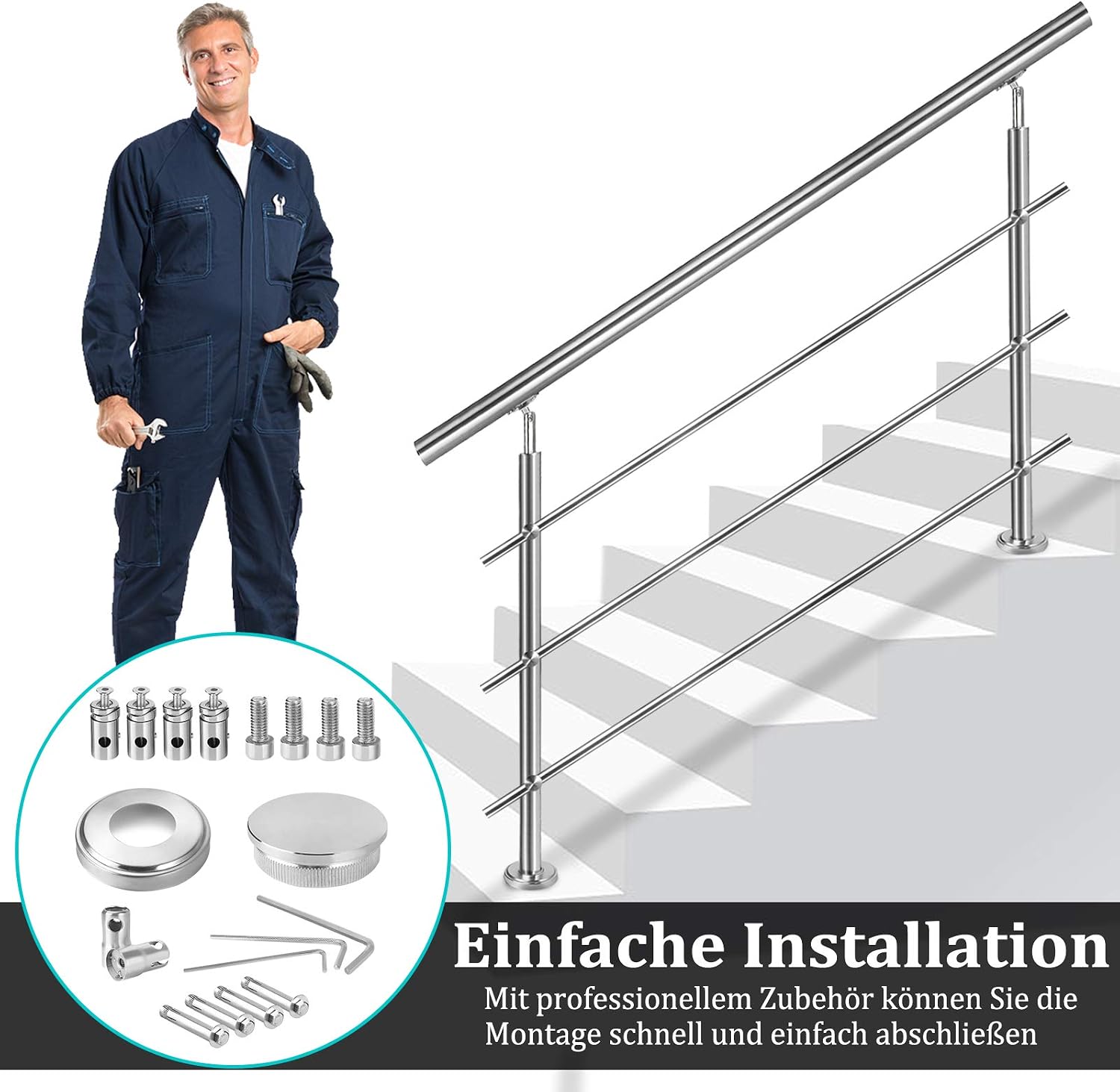 Detalle de LZQ 100 cm Stainless Steel Handrail, 106 cm High, Without Cross Braces