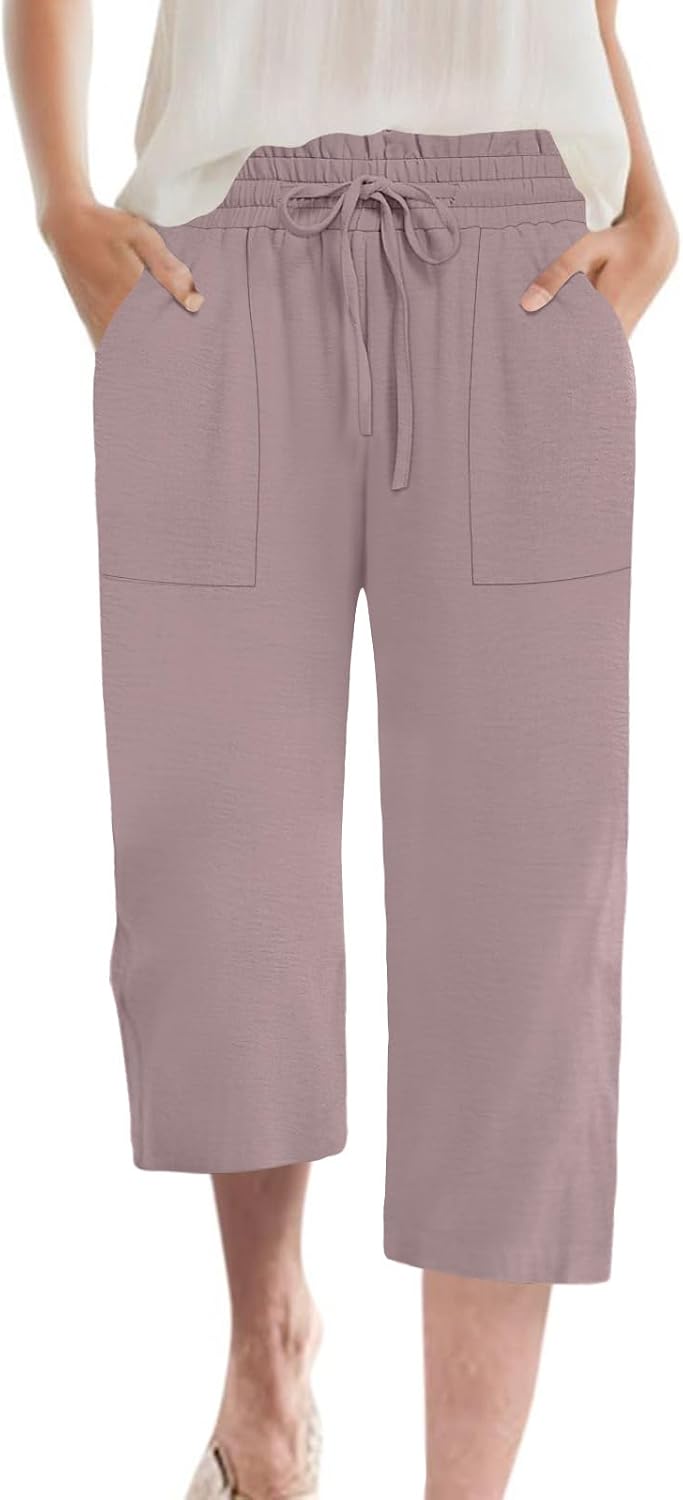 Detalle de MLXSJ Women's Capri Pants: Summer Wide-Leg, High-Waisted with Pockets