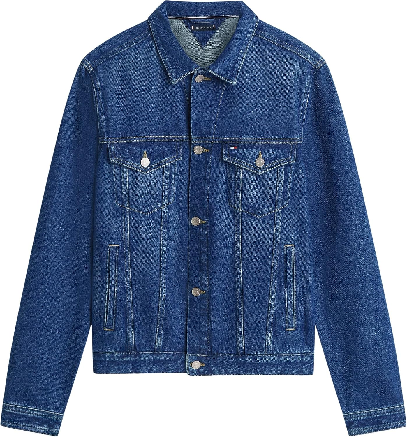 Detalle de Tommy Hilfiger Men's Regular Trucker Jacket Ike Blue – a versatile, regenerative denim staple