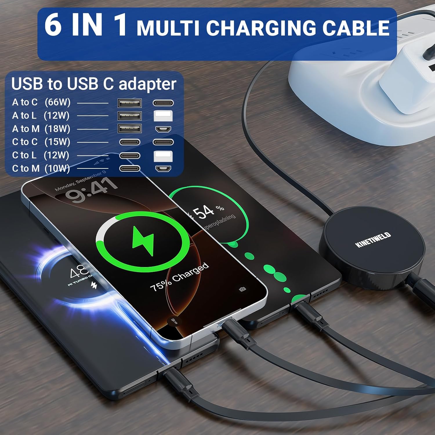 Detalle de KINETIWELD 6-in-1 Multi Charger Cable 66W