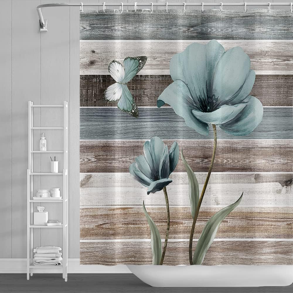 Detalle de ZJRBJB Rustic Floral Polyester Shower Curtain, 72 x 78 in with 12 Hooks