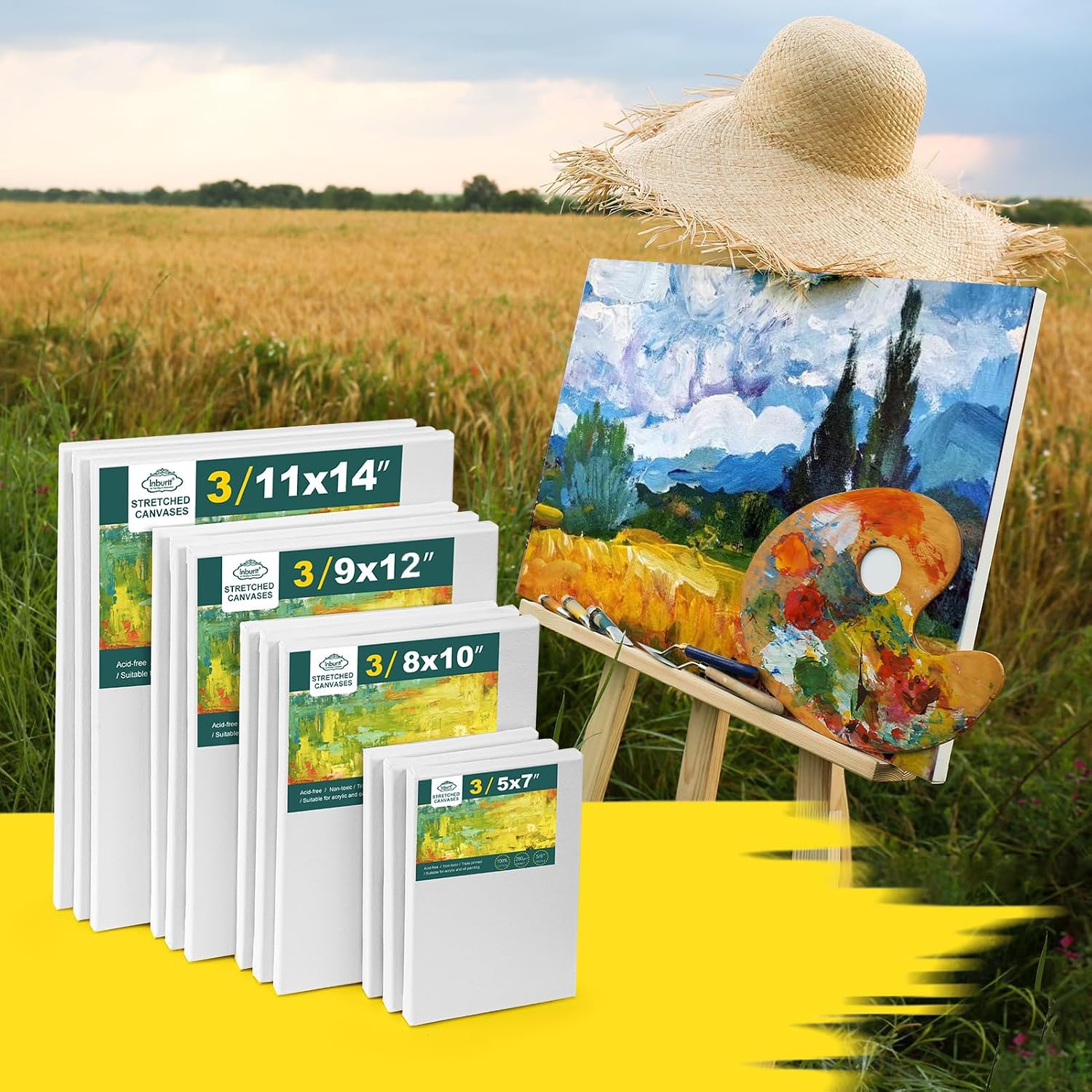Detalle de Inburit Canvas for Painting: 12 Pack Pre-Stretched Cotton Canvases (13x18cm, 20x25cm, 23x30cm, 28x35cm)