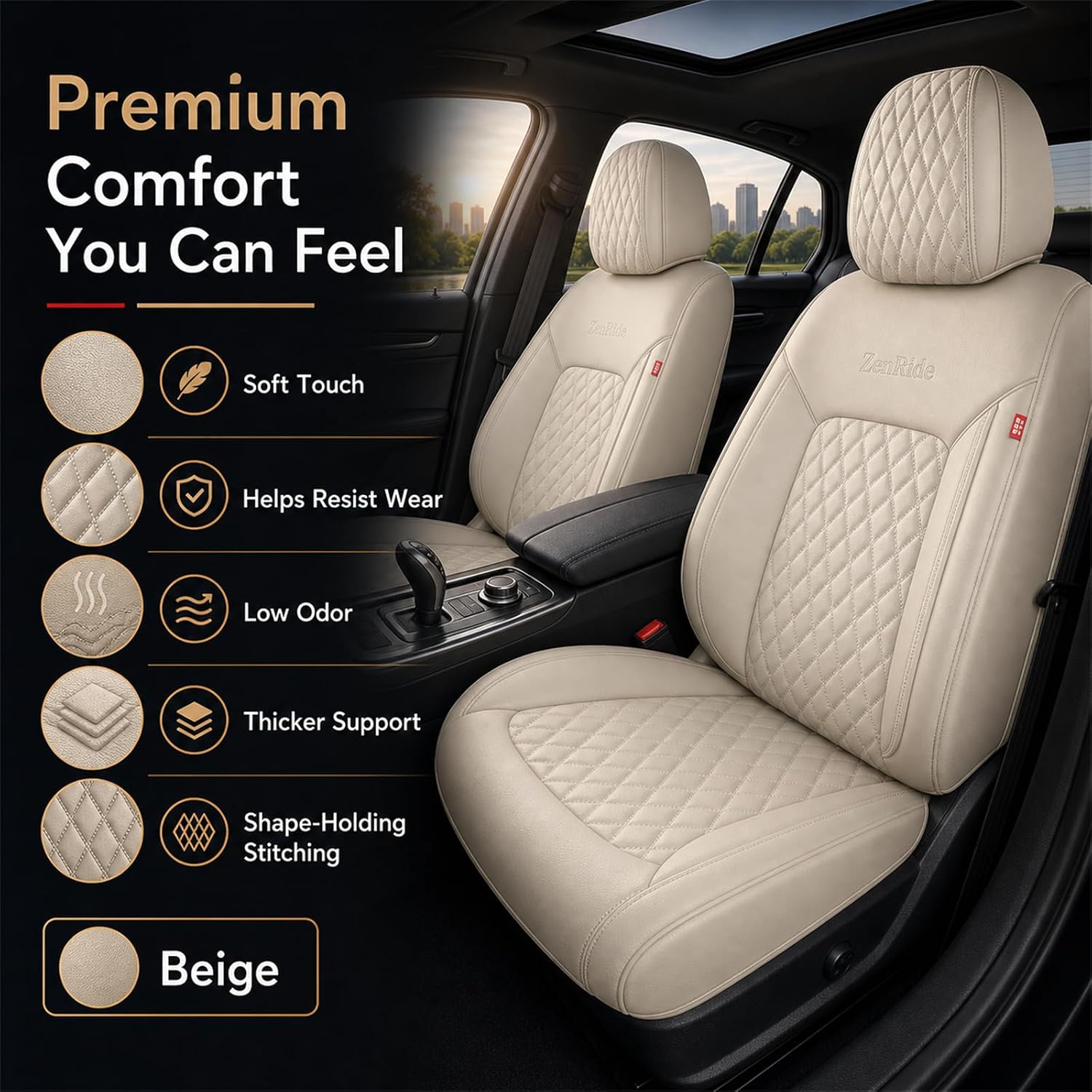 Thumbnail 1 de Beige High-Density Nappa Leather Car Seat Covers — Universal Precision Fit, 3D Contoured, Full Coverage