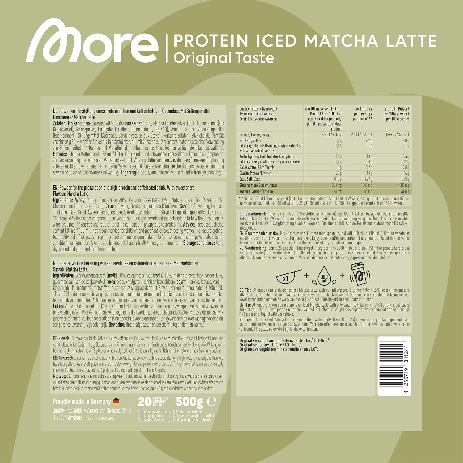 Thumbnail 3 de MORE Protein Iced Matcha Latte (500 g) – Matcha-Grünteepulver mit Proteinen, wenig Zucker