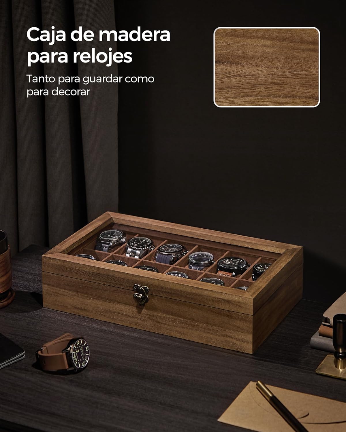 Thumbnail 5 de SONGMICS Caja para relojes 12 compartimentos Nogal