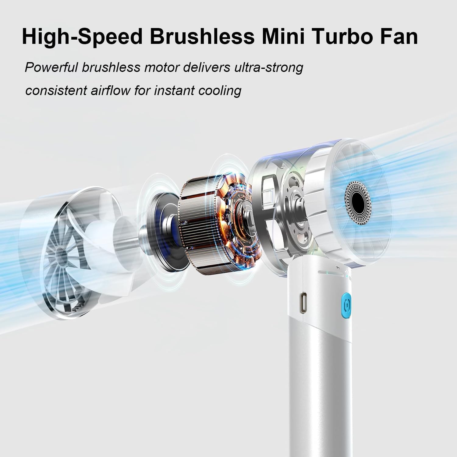 Detalle 2 de COZOME Handheld Fan: 7000RPM Turbo Portable Fan with 16H Battery, 4-Speed USB Rechargeable Mini Fan