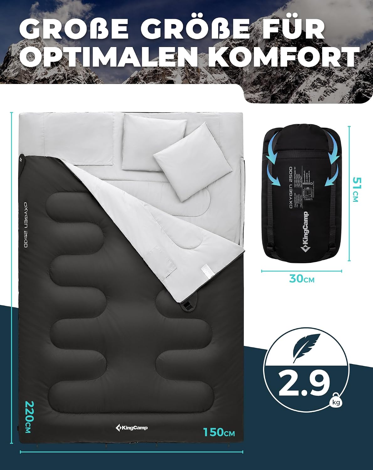 Thumbnail 1 de KingCamp Deckenschlafsack Doppelschlafsack 220 × 150 cm mit 2 Kissen – ideal für Familiencamping