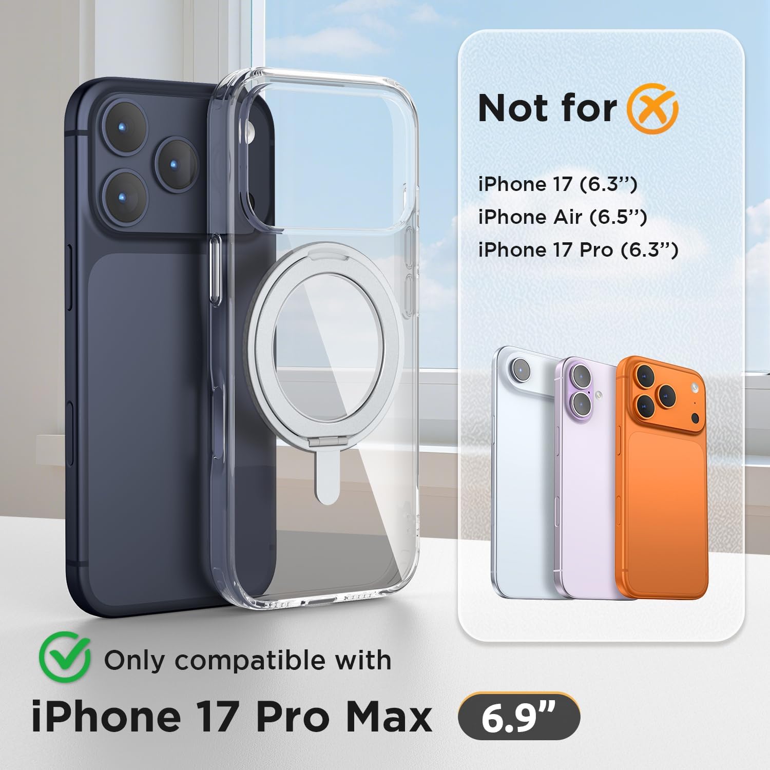 Detalle 2 de SURPHY Magnetic Case for iPhone 17 Pro Max with 360° Rotatable Stand & Ring – Clear Matte, Shockproof