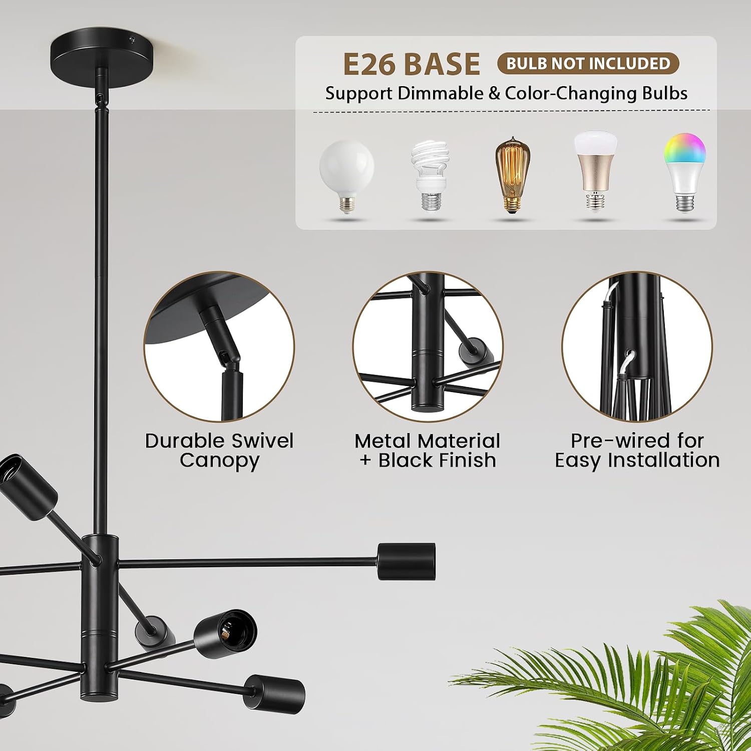 Detalle de KAISITE KST-8006PL-8BK-US 8-Light Sputnik Chandelier, Adjustable Height