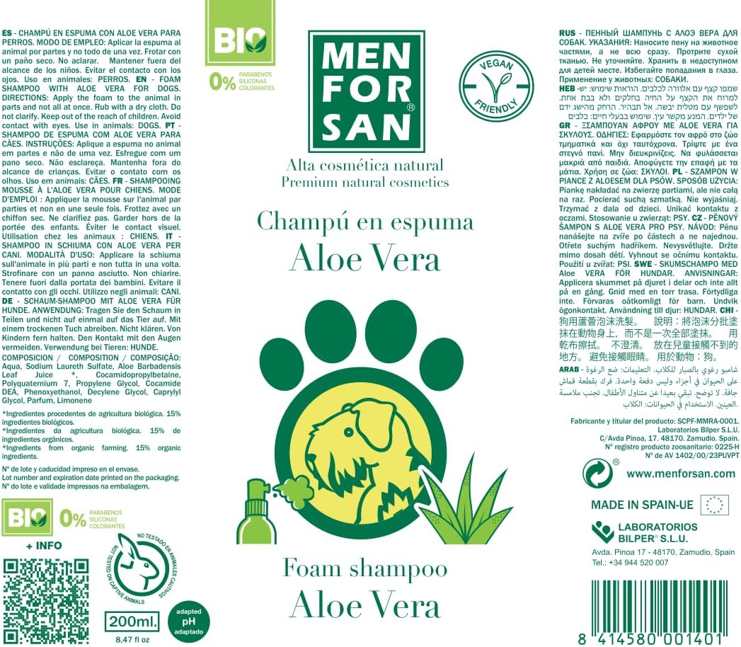 Detalle de Menforsan Shampooing Aloe Vera mousse – Nettoyage sans eau pour chiens et chats