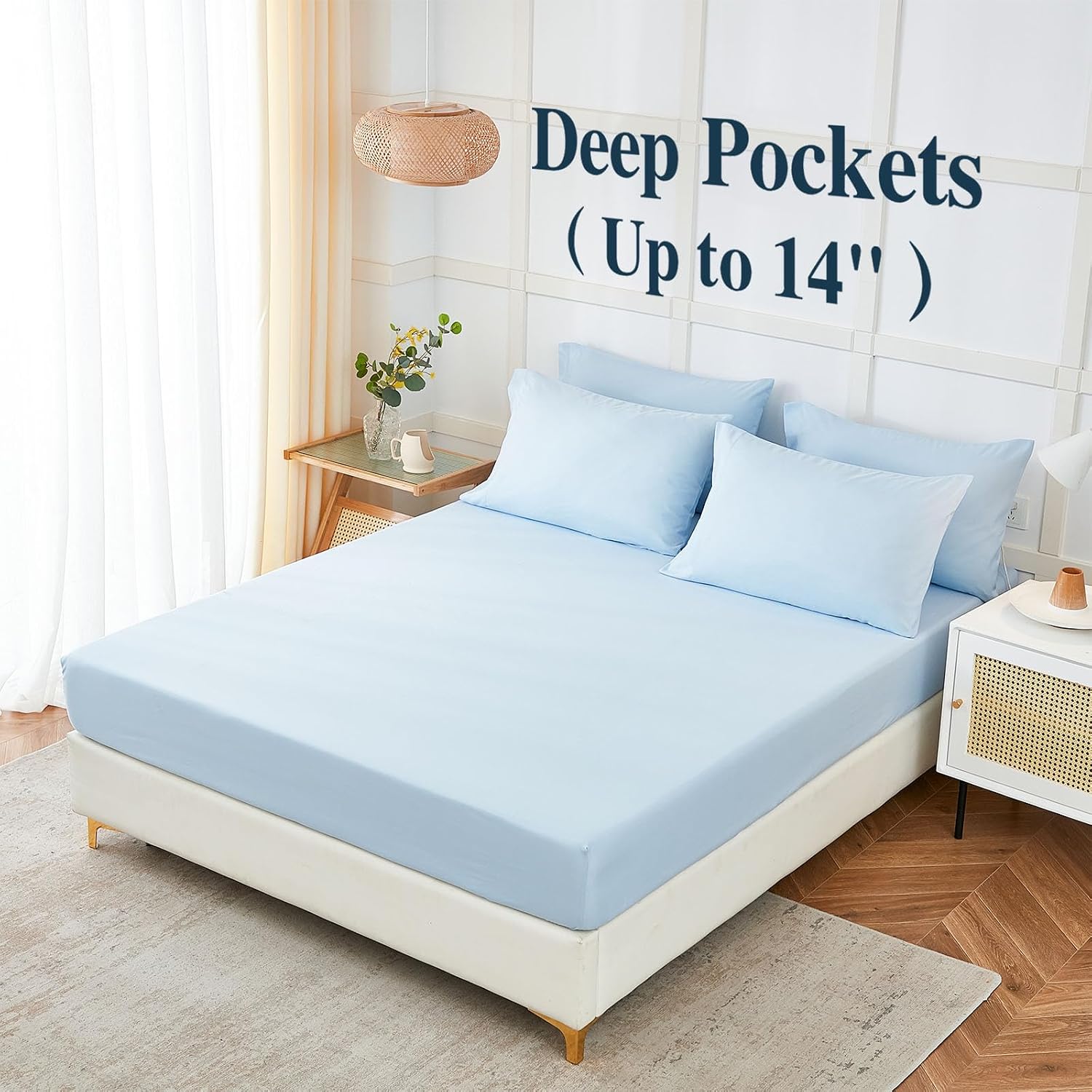 Detalle de ILAVANDE 6-Piece Queen Sheet Set, Baby Blue Microfiber, 14-Inch Deep Pocket