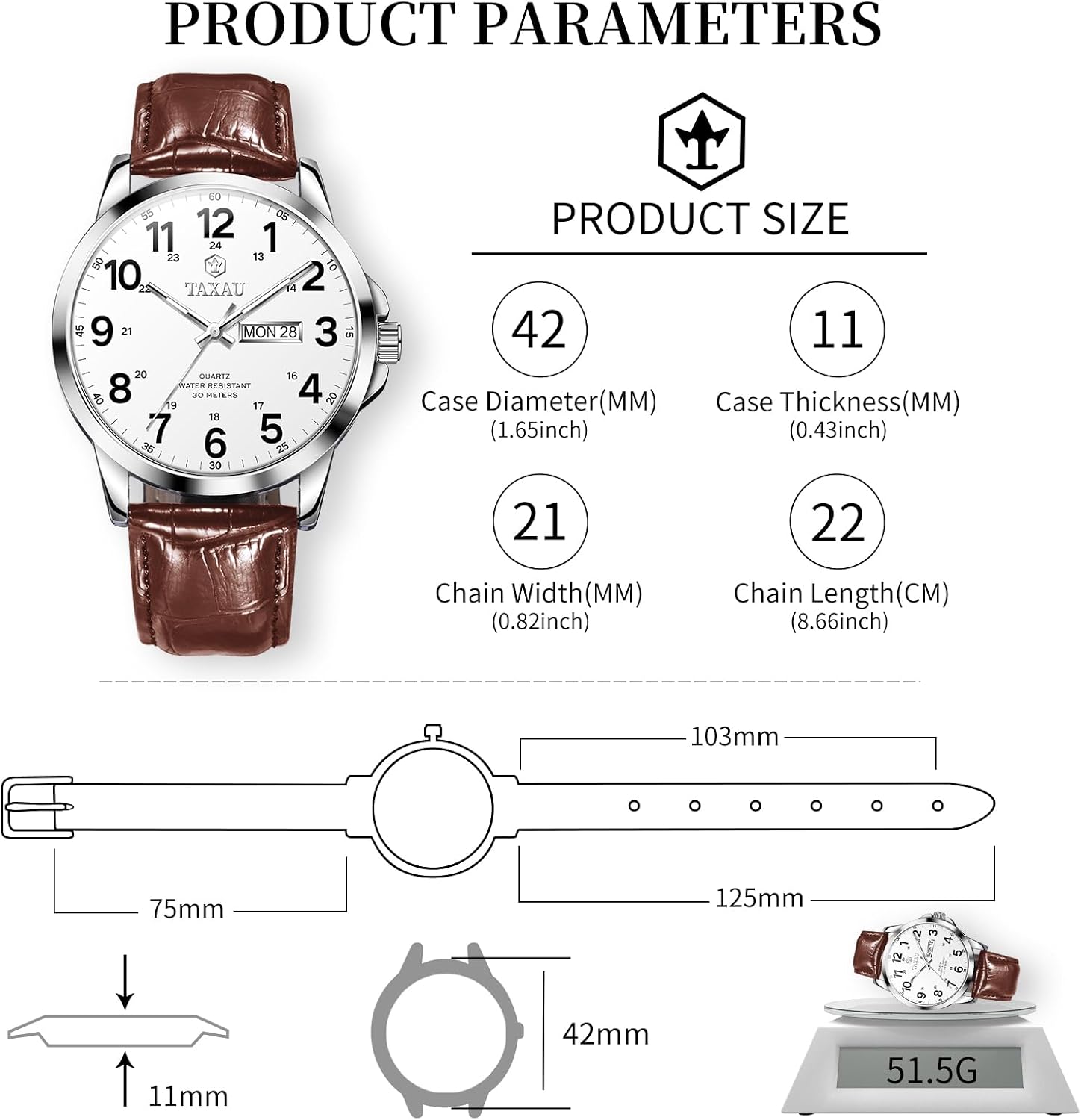 Detalle 2 de Taxau Herren: Wasserdichte Uhr mit Lederband, lumineszierendem Zifferblatt und Datum