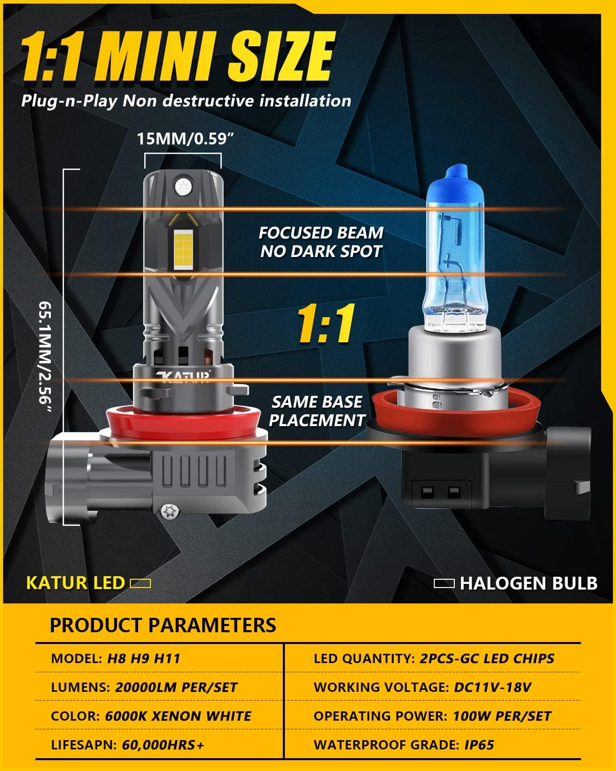 Detalle de KATUR Lampadine LED fari auto H11 Canbus 100W 6000K (2 pezzi) Plug & Play, Abbaglianti o Anabbaglianti