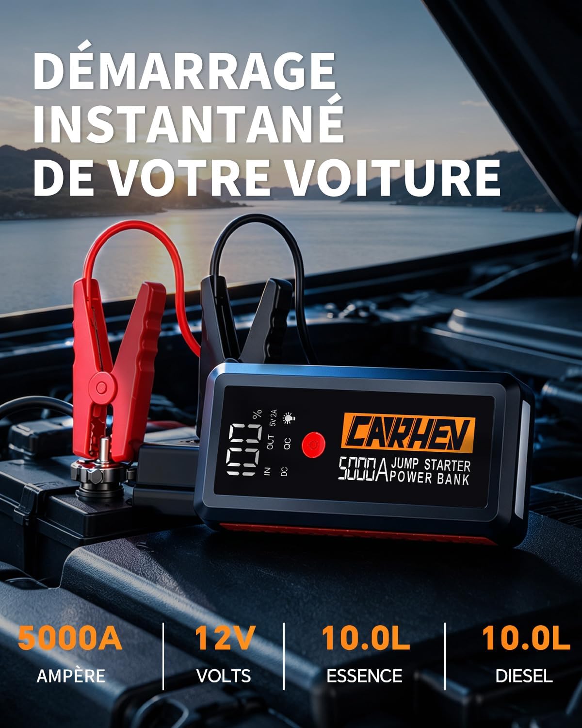 Detalle de CARHEV autoaccubooster, 5000 A en 12 V met lcd-scherm en veiligheidsklemmen