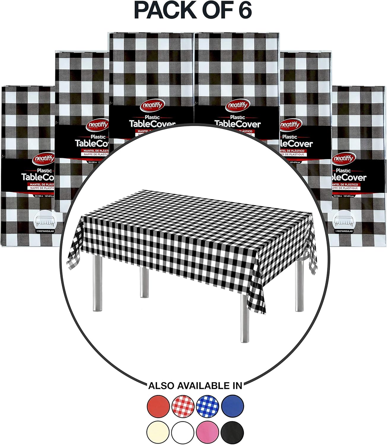 Detalle de Neatiffy 54 in x 108 Inch 6Pack Rectangle Plastic Table Cloth – Black Checkered