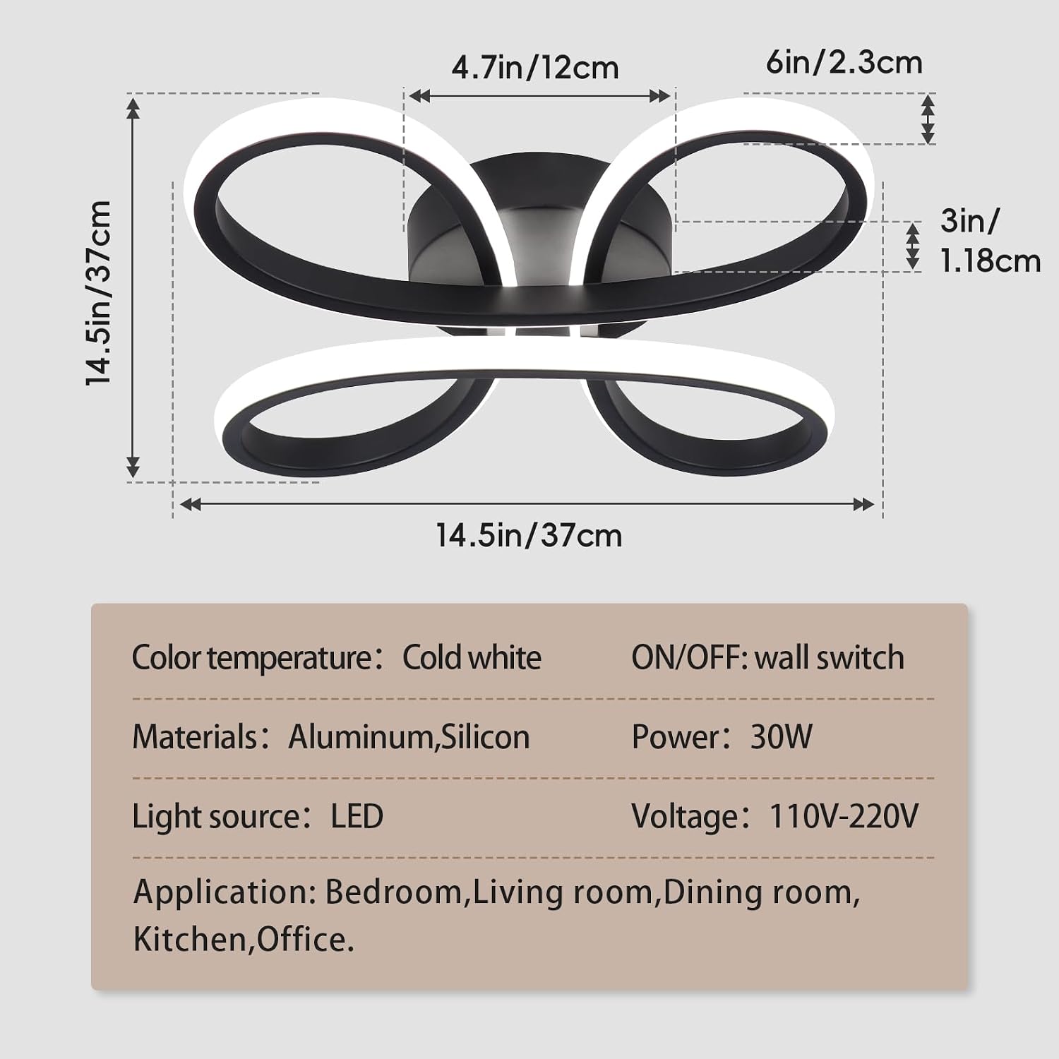 Detalle 2 de EIDISUNY Modern LED Ceiling Light 30W (Black, Cool White 6000K) for Living Rooms & Hallways
