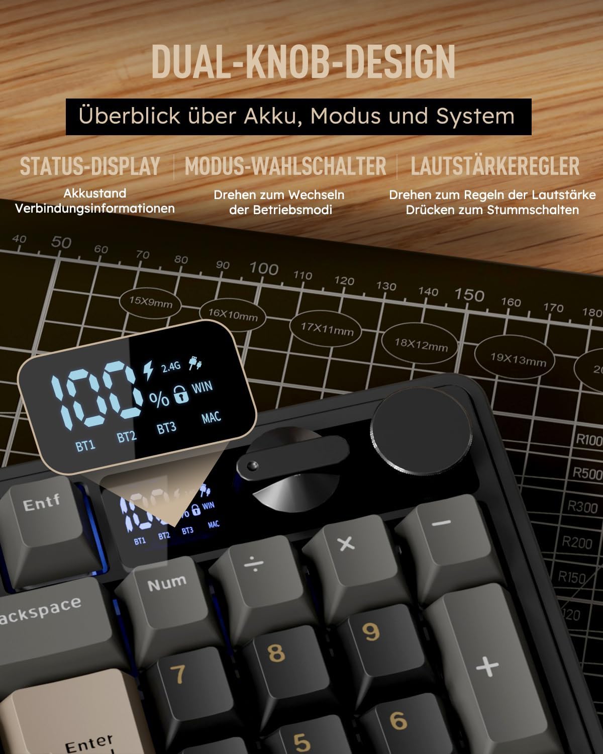 Thumbnail 3 de RK ROYAL KLUDGE M100 mechanische Tastatur (kabellos) mit Display, Drehknöpfen, QWERTZ, BT/2.4 GHz, USB-C und Hot-Swap