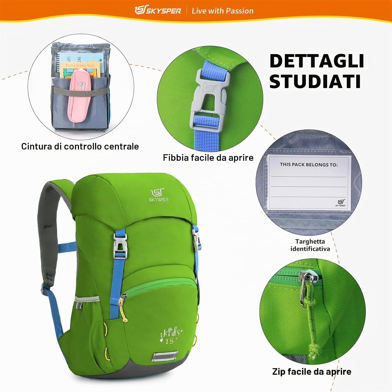 Detalle de SKYSPER Zaino Bambino 15 Litri per Escursioni: Leggero, Compatto e Pronto per Avventure all’Aperto