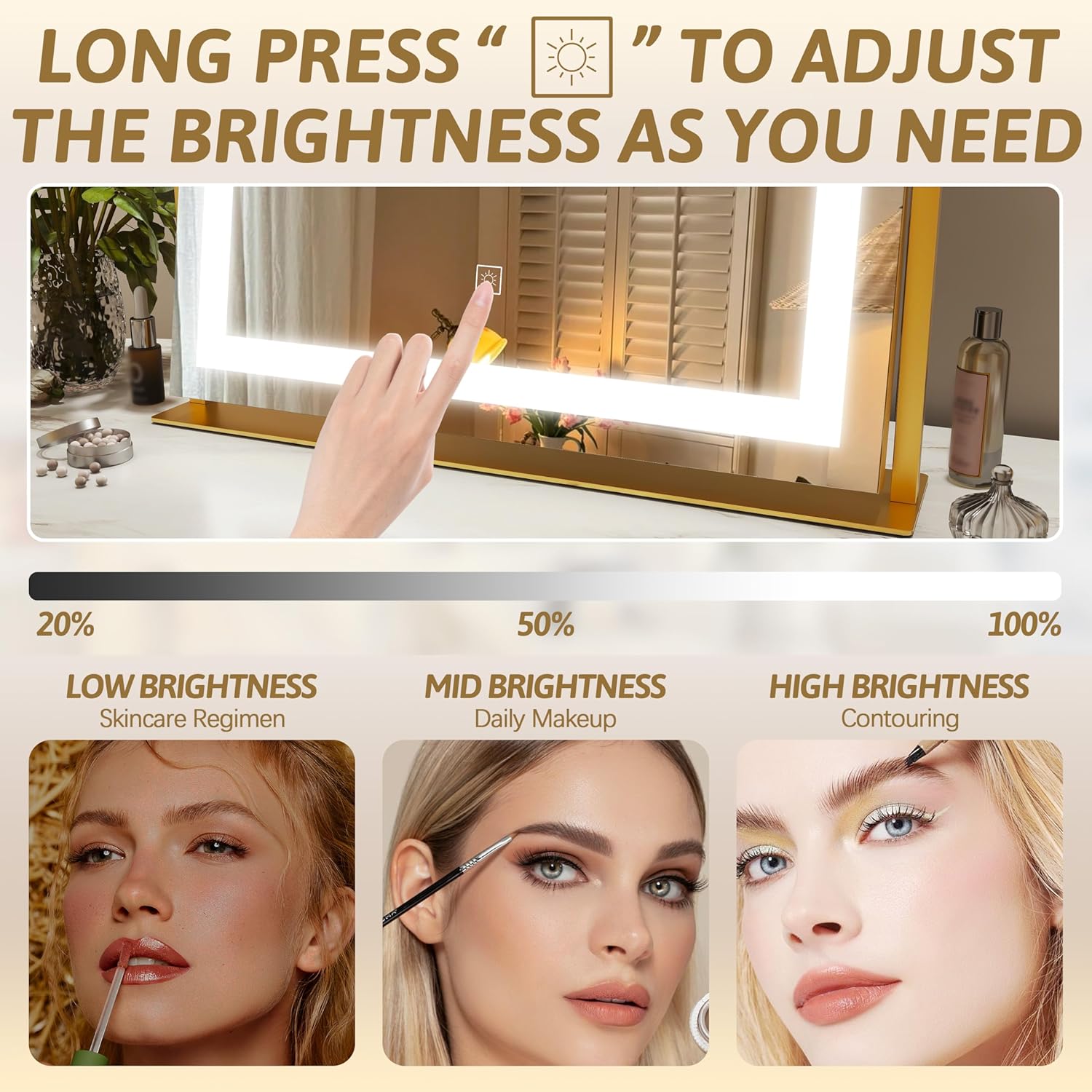 Detalle de ROLOVE Vanity Mirror with Lights (22"x18") – 10X Magnification, 3-Color Dimmable LED, 360° Rotation, USB Charging (Gold)