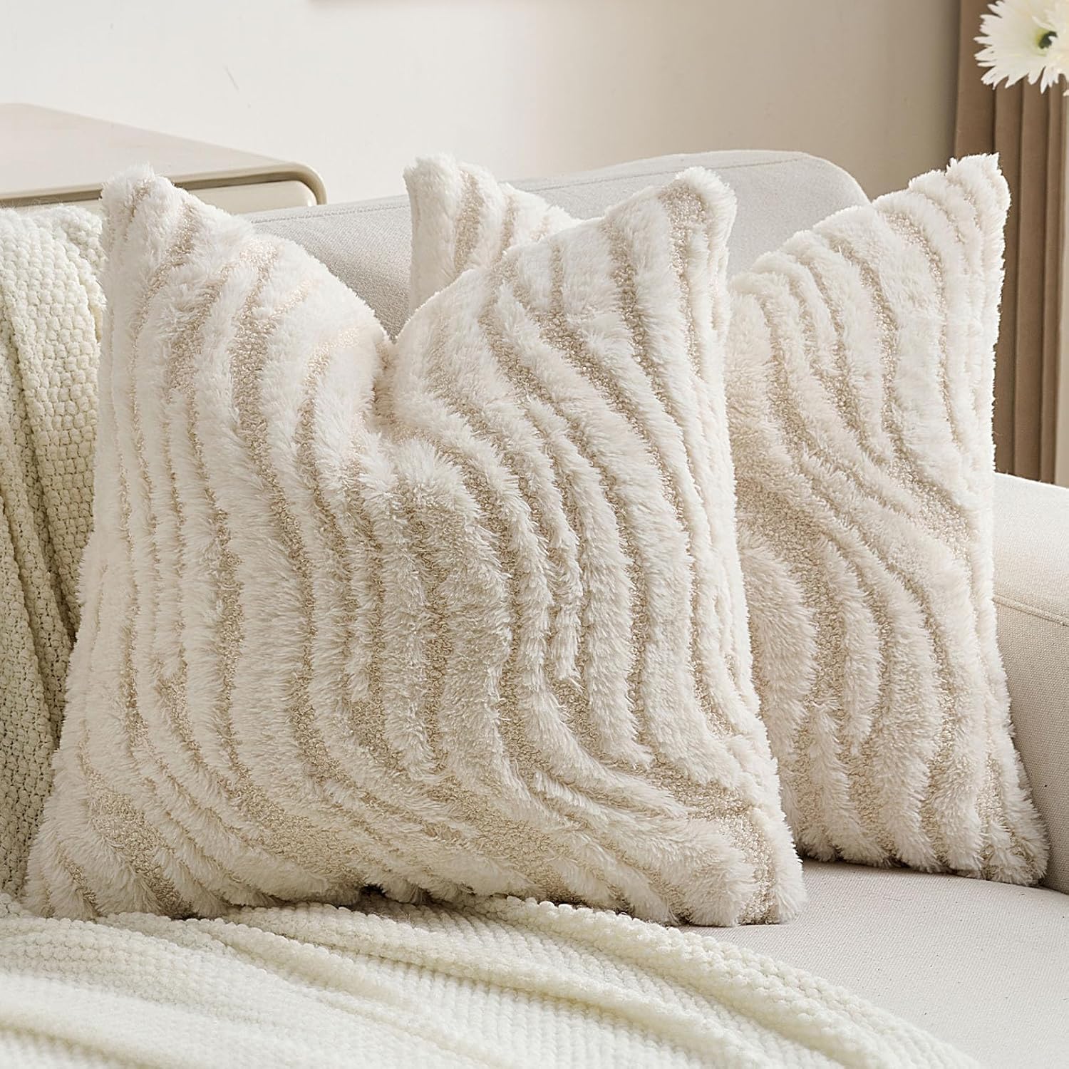 Detalle de Ystyle Lot de 2 Housses de Coussin 45x45 cm en Peluche Douce – Crème
