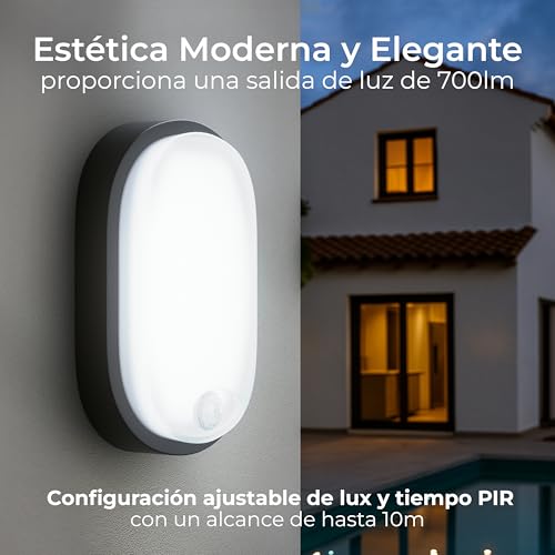 Detalle de Luceco Eco Luz LED Exterior de Mamparo con Sensor PIR – 10 W, 700 lm, 4000 K, IP54