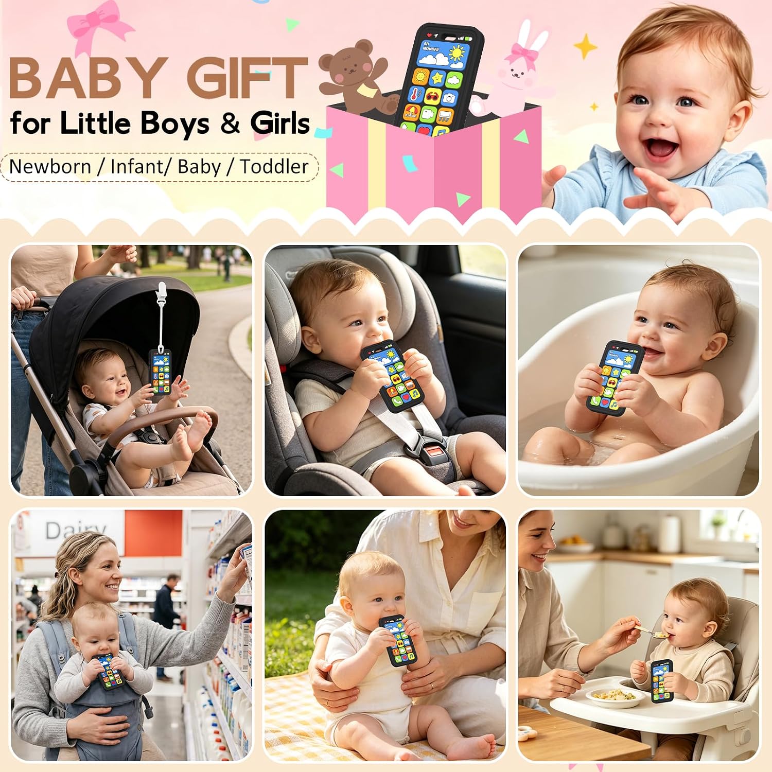 Detalle 1 de Wovinda Silicone Baby Phone Teether, BPA-Free Sensory Toy for 3+ Months