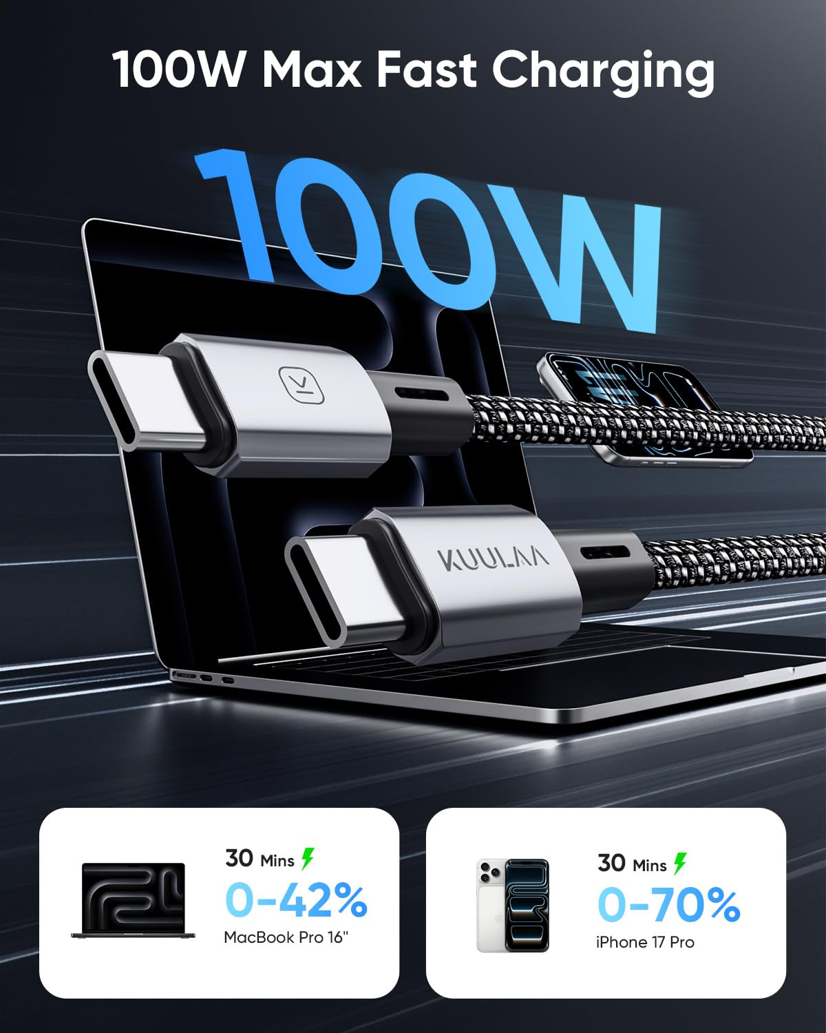 Thumbnail 2 de Kuulaa Magnetisches USB-C Kabel 100W – 1 m, magnetisch, selbstwickelnd, PD 3.0