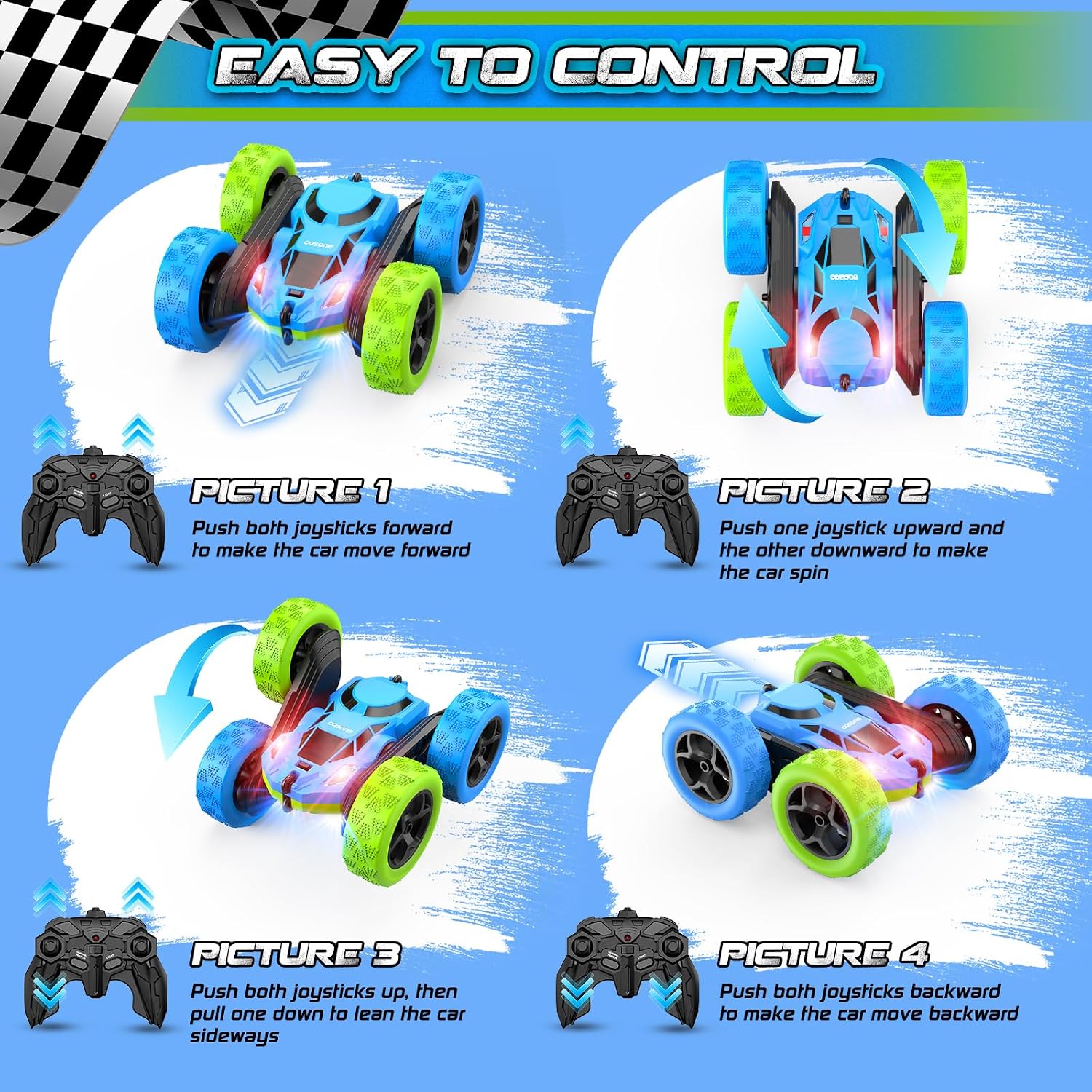 Detalle de COSONE Blue Green RC Car for Kids: 360° Stunt Fun with USB-C Rechargeable Battery