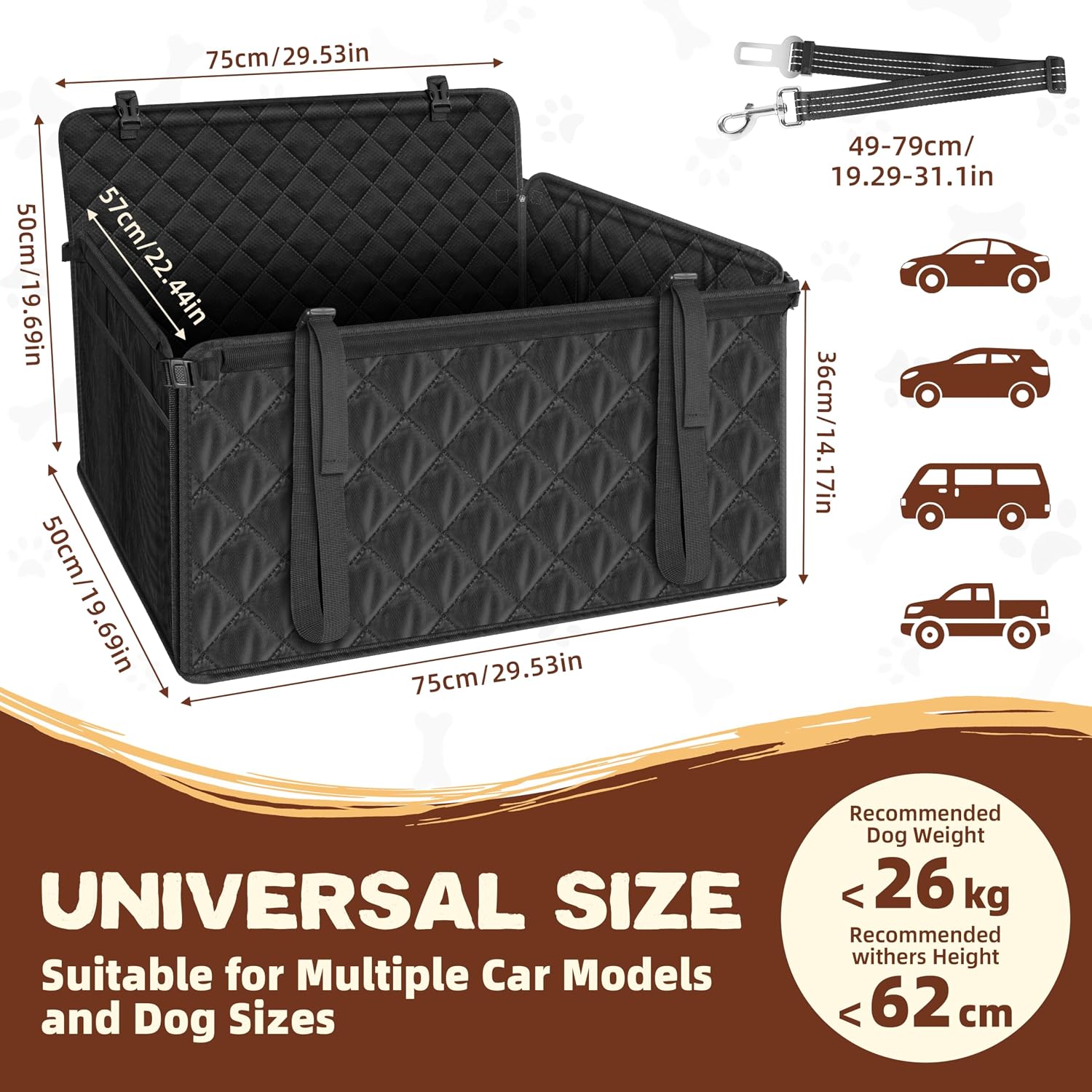 Detalle de Looxmeer Extra Stable Dog Car Seat with Seat Belt: Waterproof, 4 Storage Pockets, Up to 26kg