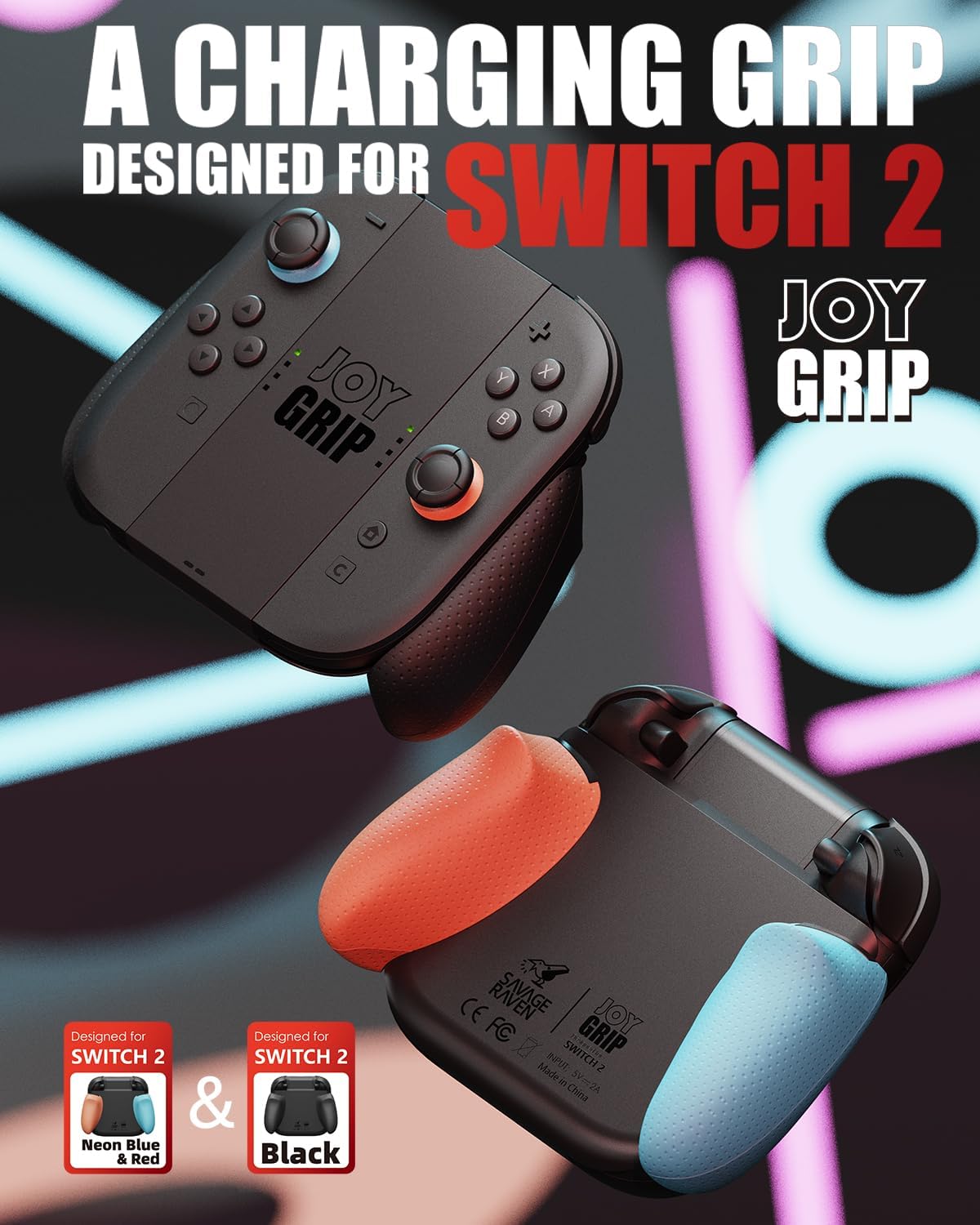 Detalle de SAVAGE RAVEN JoyGrip for Nintendo Switch 2 Joy-Con Controller by Skull & Co. — Rechargeable, Interchangeable Grips, Black