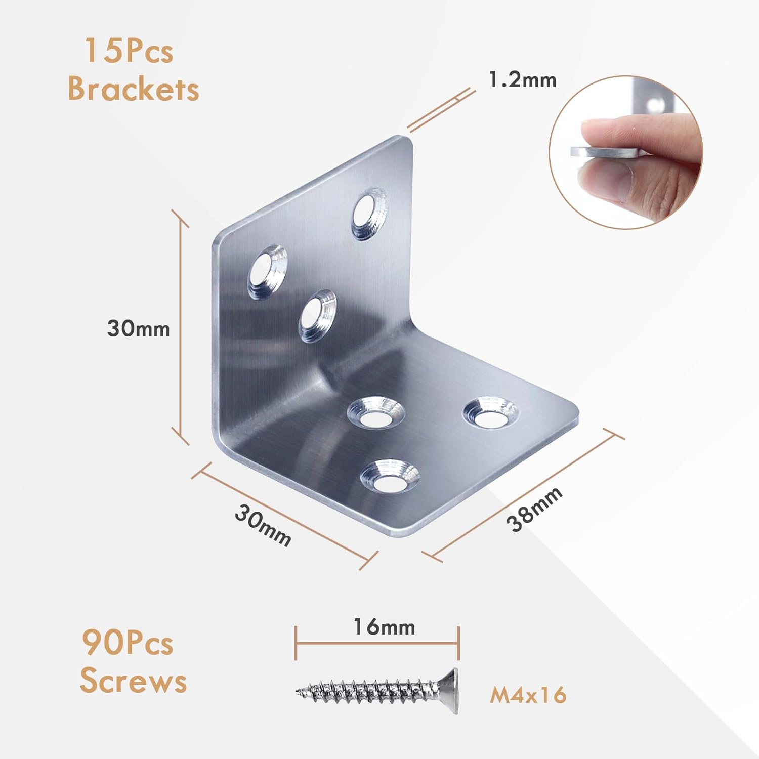 Detalle de Gorffy Angle Brackets 15PCS – Heavy Duty L Brackets for Wood & Metal, 30 x 30 x 38 x 1.2 mm