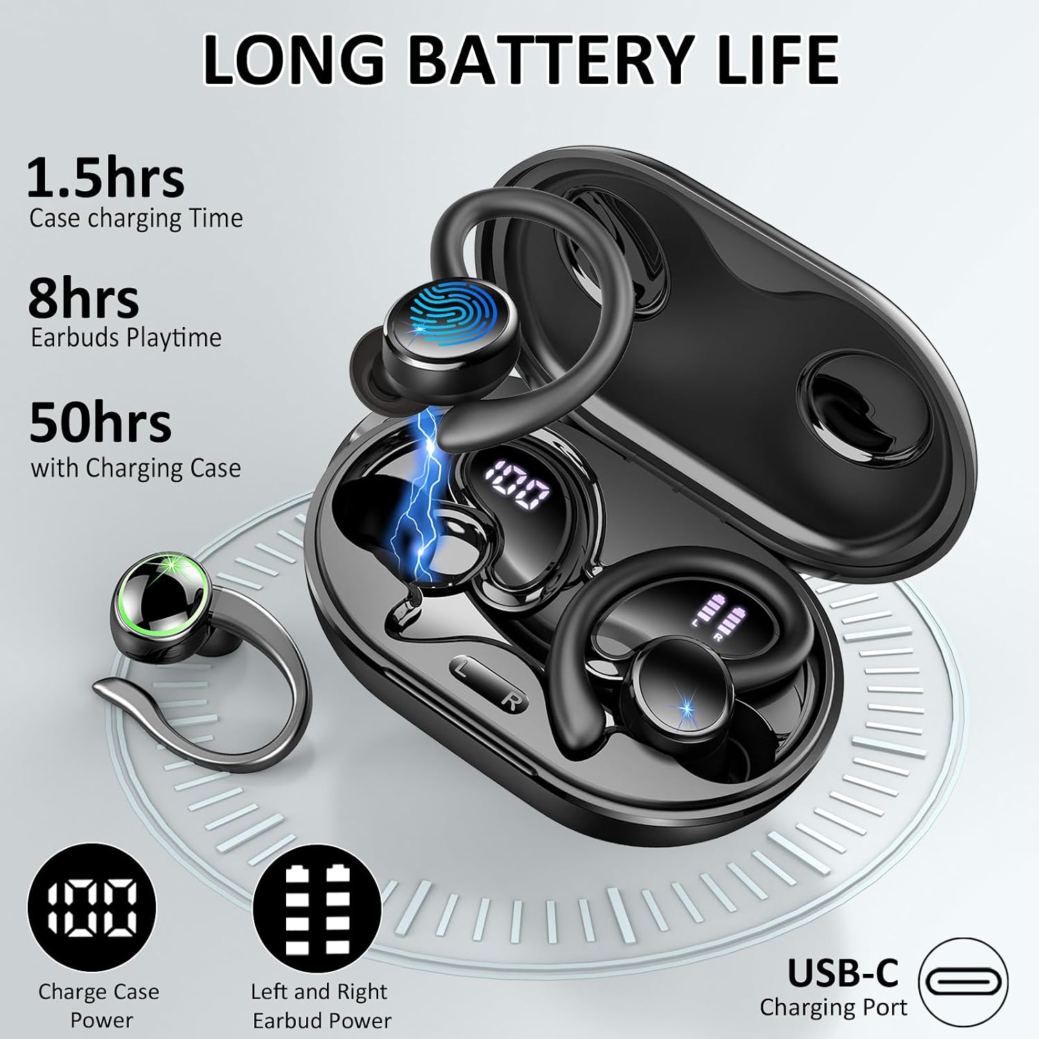Detalle de Cuffie Bluetooth 5.4 Sport: 50 Ore, ANC ENC, 4 Microfoni HD e Display LED – Ideali per sport e uso quotidiano