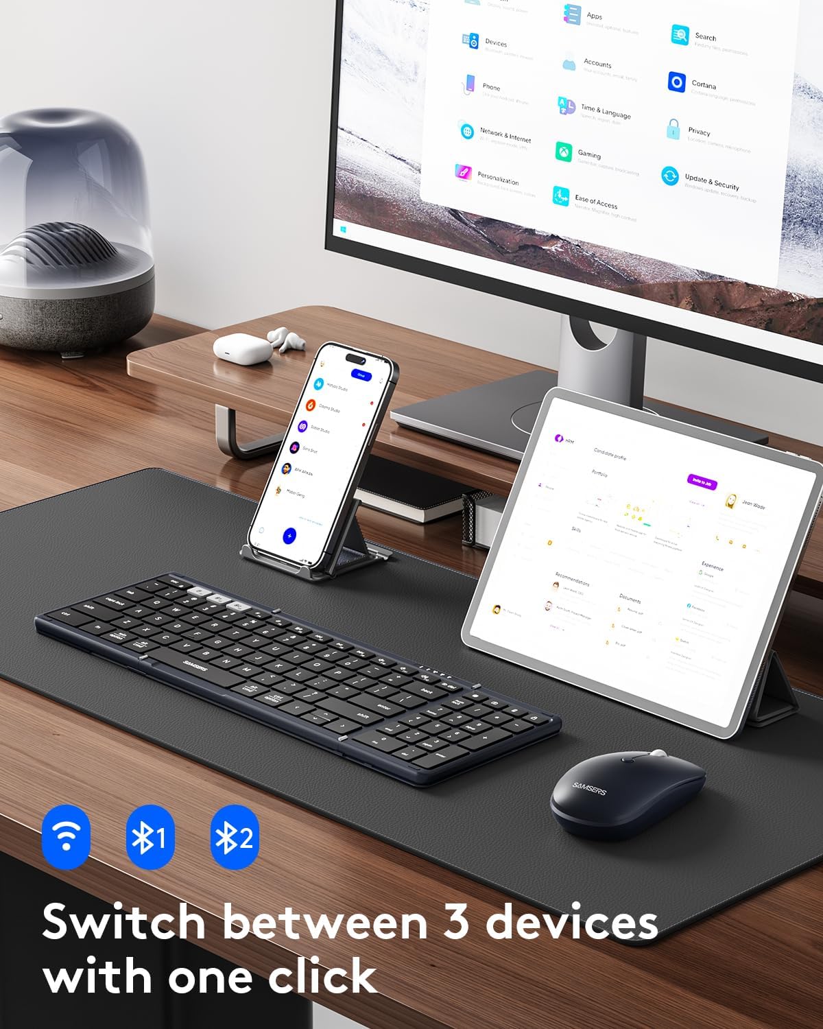 Detalle de Samsers Foldable Bluetooth Keyboard and Mouse Combo (Midnight) — foldable full-size travel set with 2.4G + BT5.0