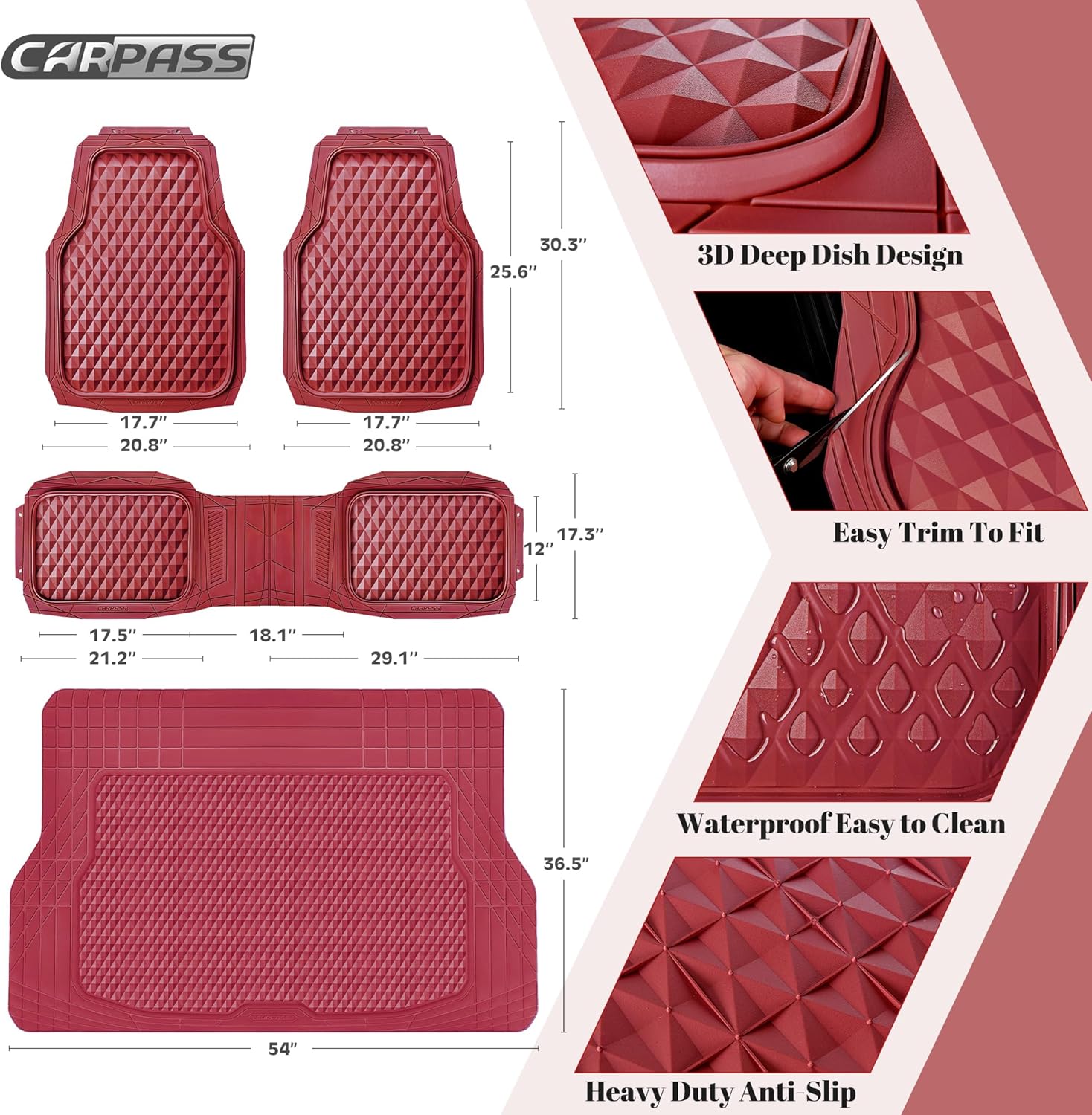 Thumbnail 4 de CAR PASS Heavy Duty Rubber Red Car Floor Mats & Cargo Liners — All-Weather, Deep Dish, Universal Cut to Fit