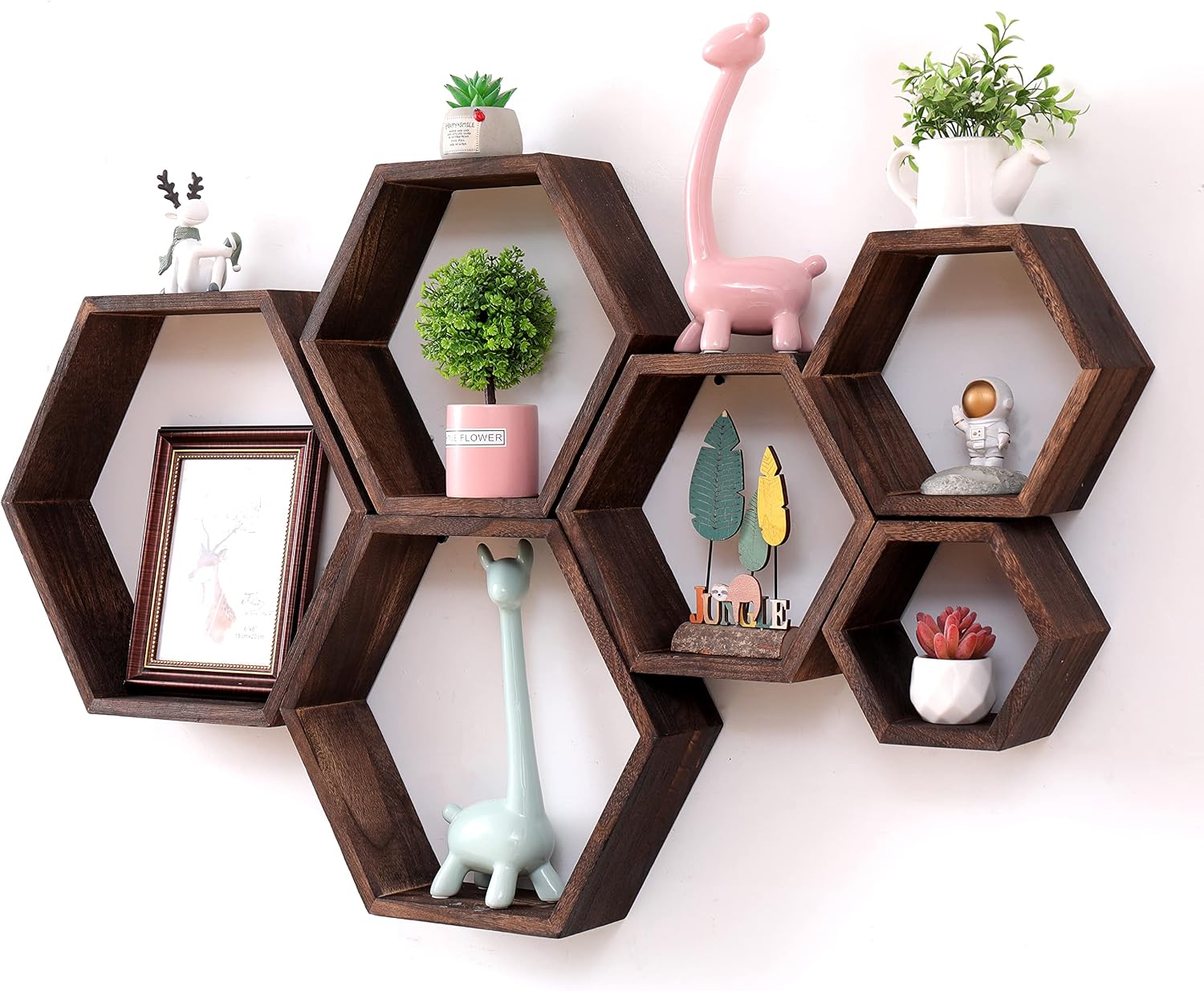 Detalle de WONFUlity sechseckige Holz-Wandregale (6er-Set) im Landhausstil