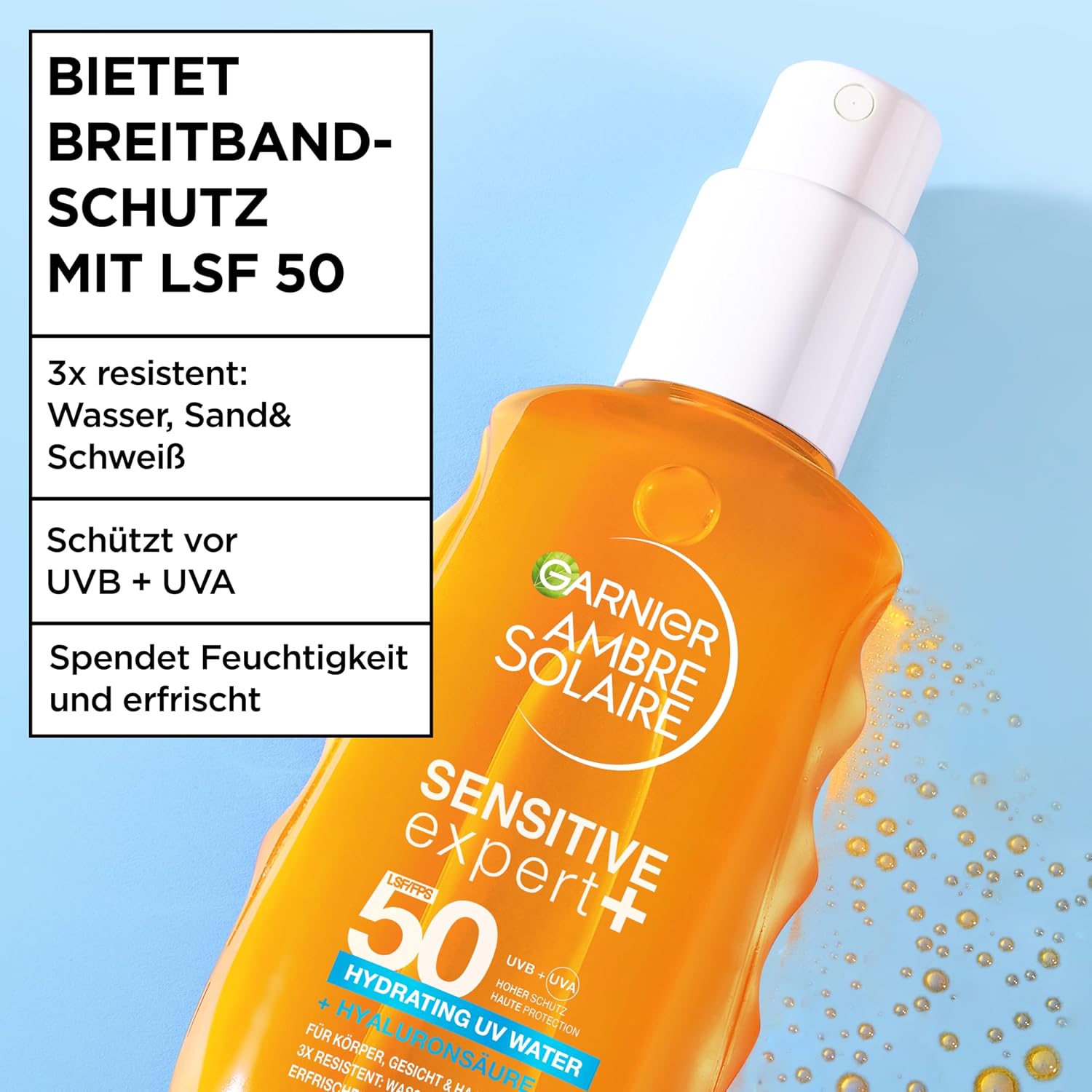 Detalle de Garnier Ambre Solaire Sensitive Expert + Hydrating UV Water Spray SPF 50 – Wasserfest, sandresistent, nicht fettend – 150 ml