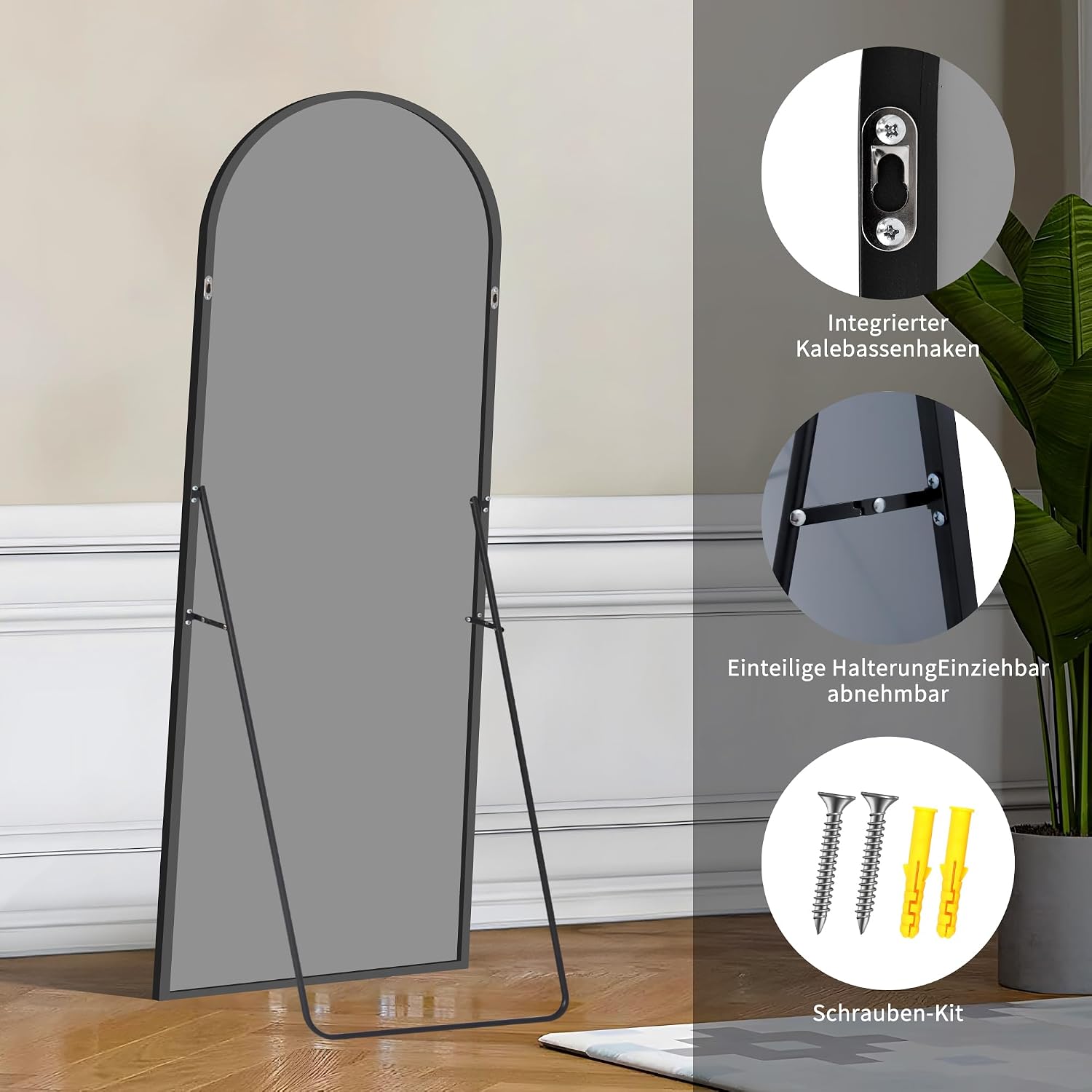 Detalle de KOCUUY Arched Full-Length Mirror, 64" x 21", Black Aluminium Frame