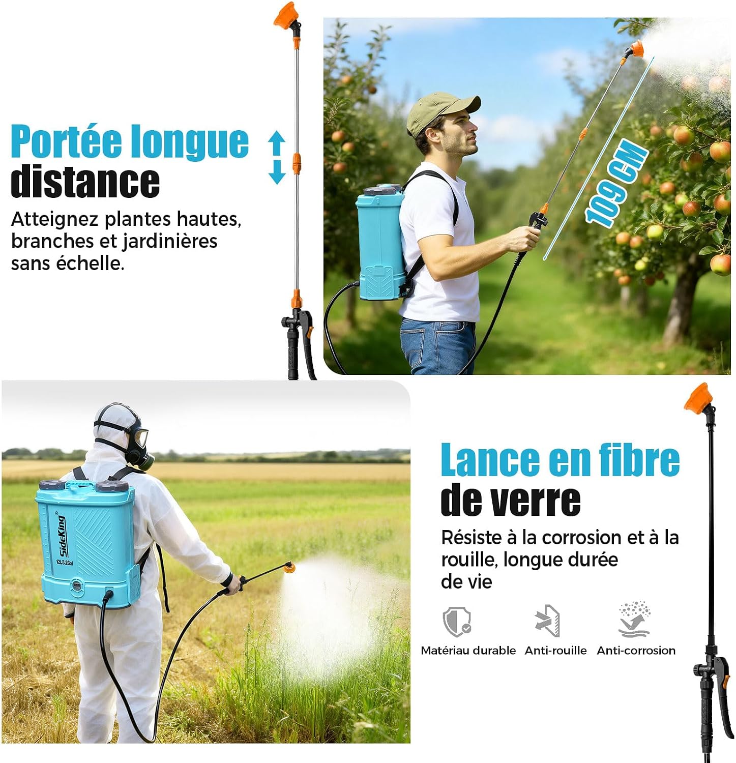 Detalle de SideKing Pulvérisateur à Dos 12L – Électrique 18V, 5,5 Bar, Lance Télescopique et Soutien Lombaire