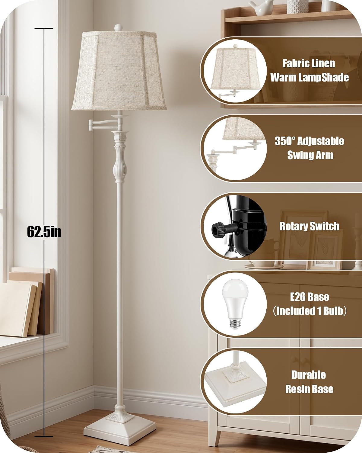 Detalle 2 de Luvkczc F00080 62-Inch Vintage Floor Lamp with 350° Swing Arm