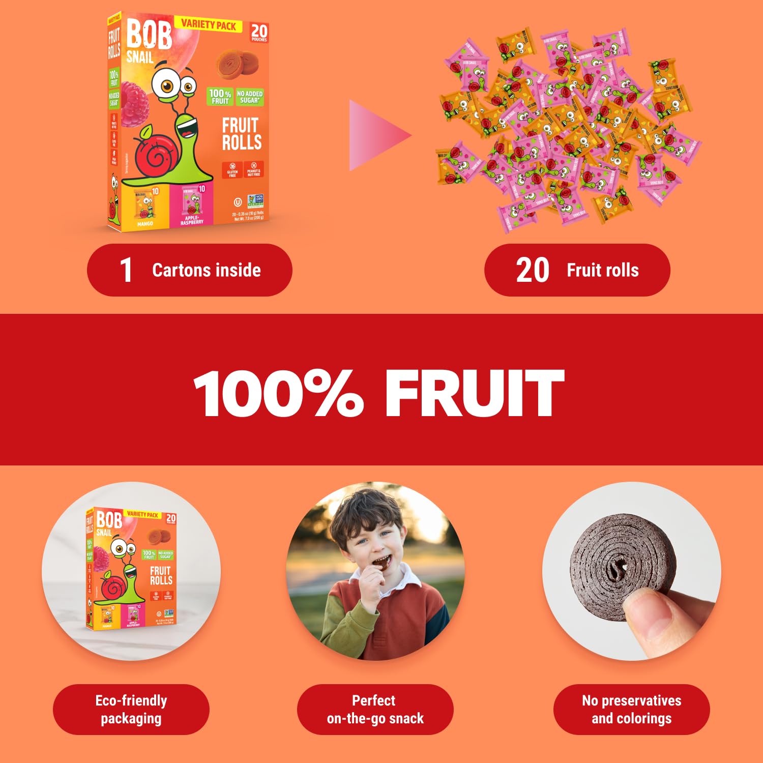 Thumbnail 6 de Bob Snail Fruit Roll Ups, 20-Pack Mango and Raspberry Snacks, 7 oz