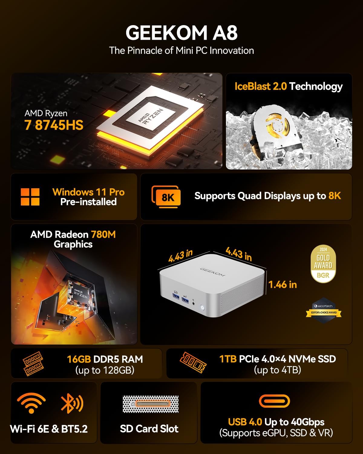 Detalle 2 de GEEKOM A8 Mini PC Ryzen 7 8745HS 1TB