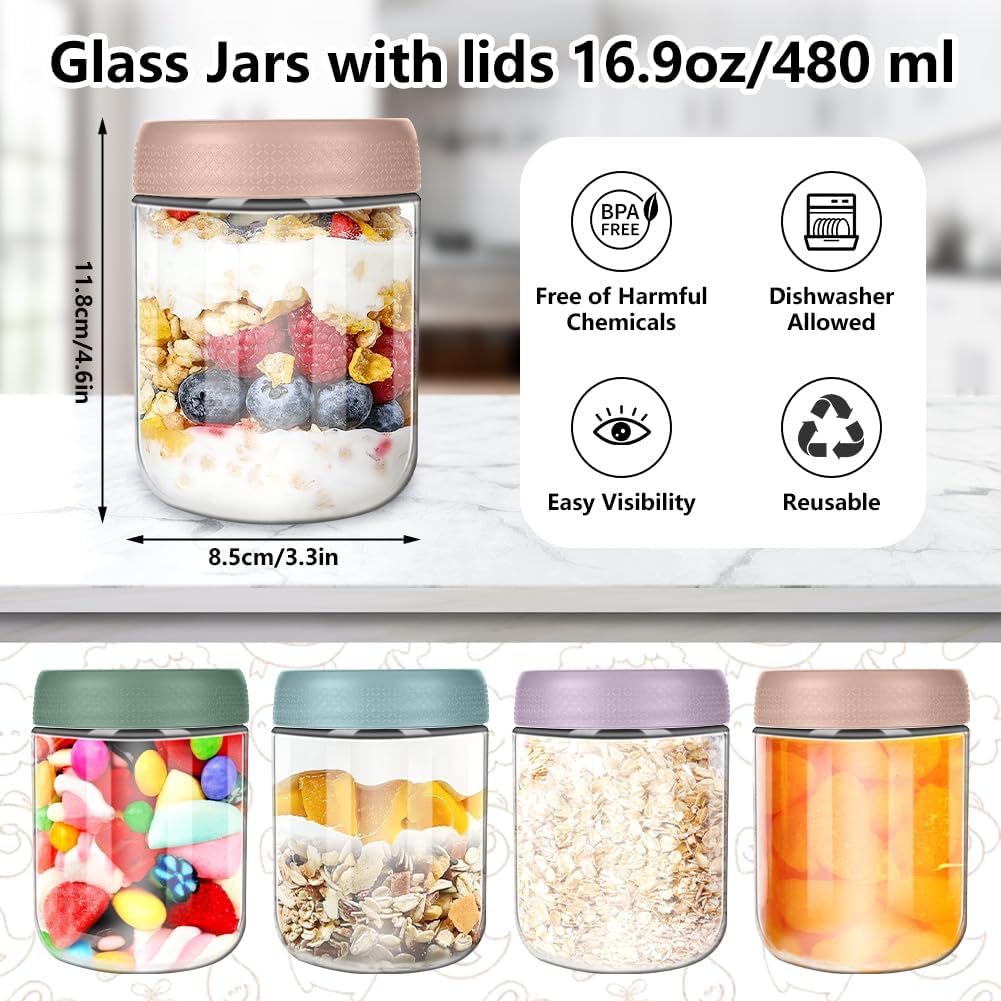 Detalle de Aolso Contenitori Alimentari: 4 Vasetti in Vetro da 480 ml, colorati e lavastoviglie/Freezer/Microonde