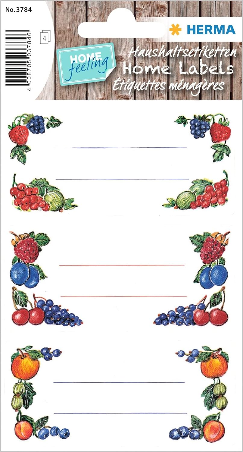 Detalle de HERMA 3784 självhäftande syltetiketter i papper, fruktmotiv, 76 × 35 mm